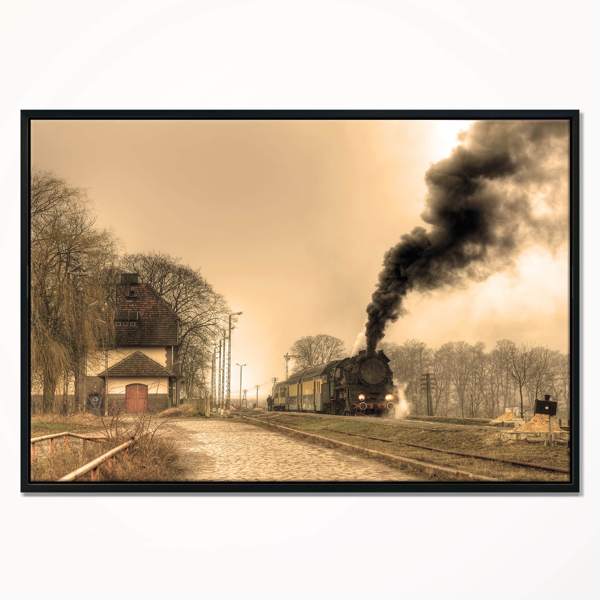 Designart - Retro Steam Train - Landscape Photography Canvas Art Print in Black Frame