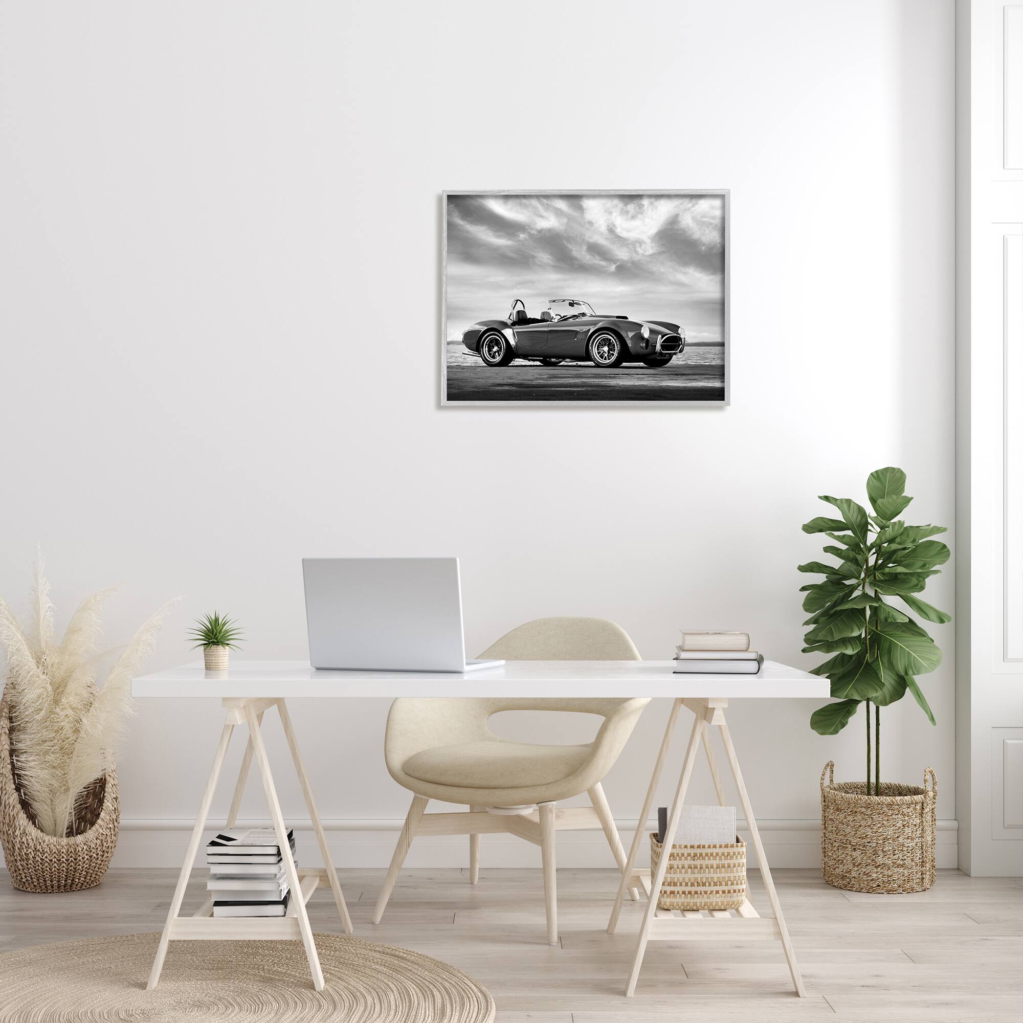 Stupell Industries Vintage Sports Convertible Car Beach Photography Black White Framed Wall Art