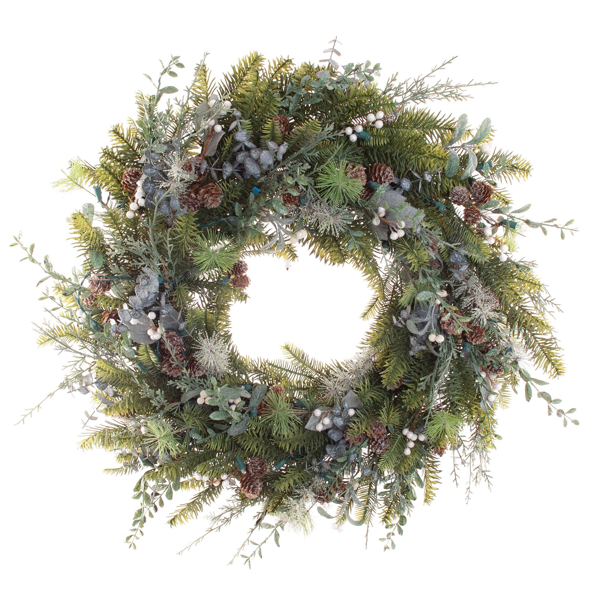 Village Lighting 30" Pre-Lit Rustic White Berry Christmas Wreath, Clear LED Lights