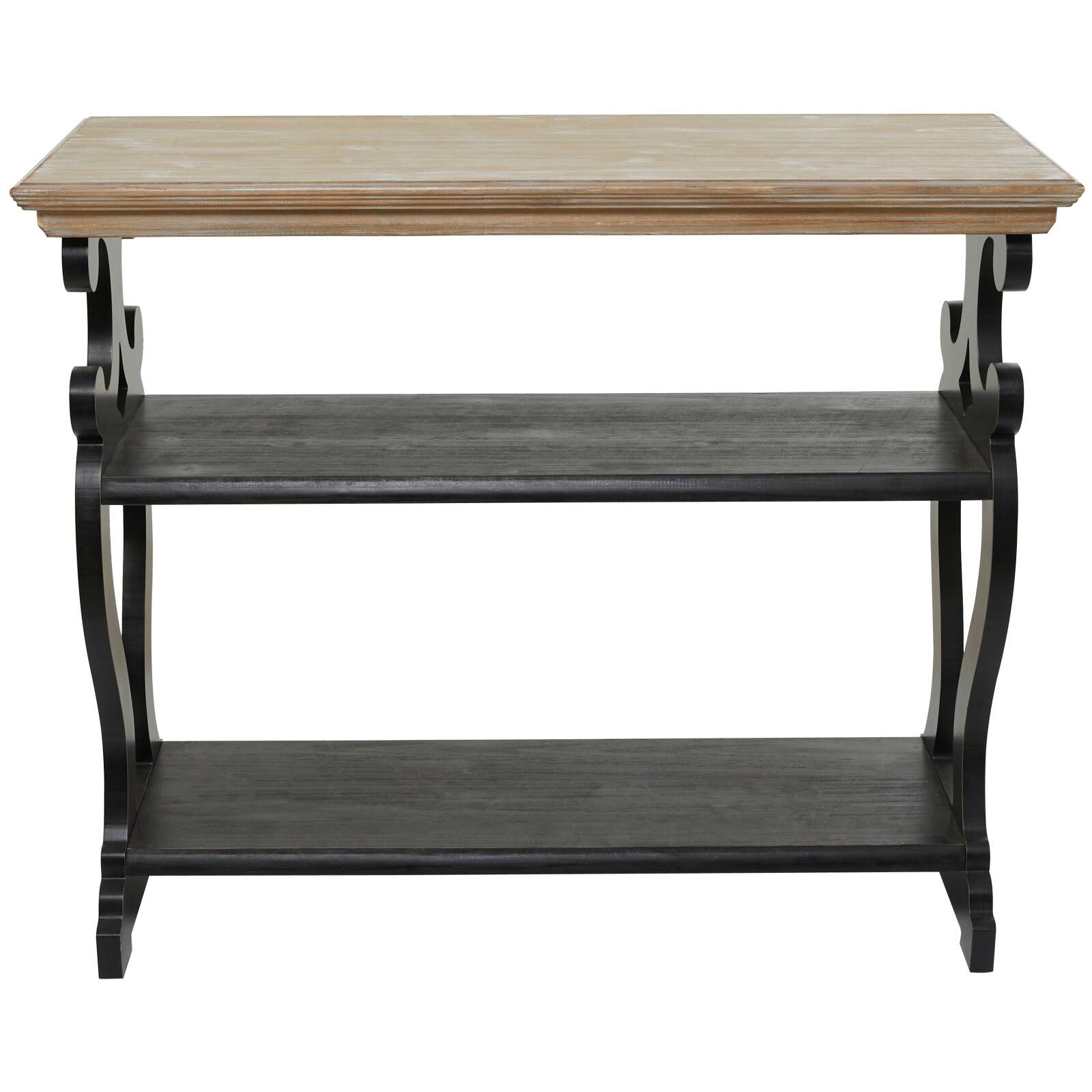 Black Wood Scroll Side Frames 2 Shelves Console Table with Brown Wood Top 38&#x22; x 15&#x22; x 32&#x22;