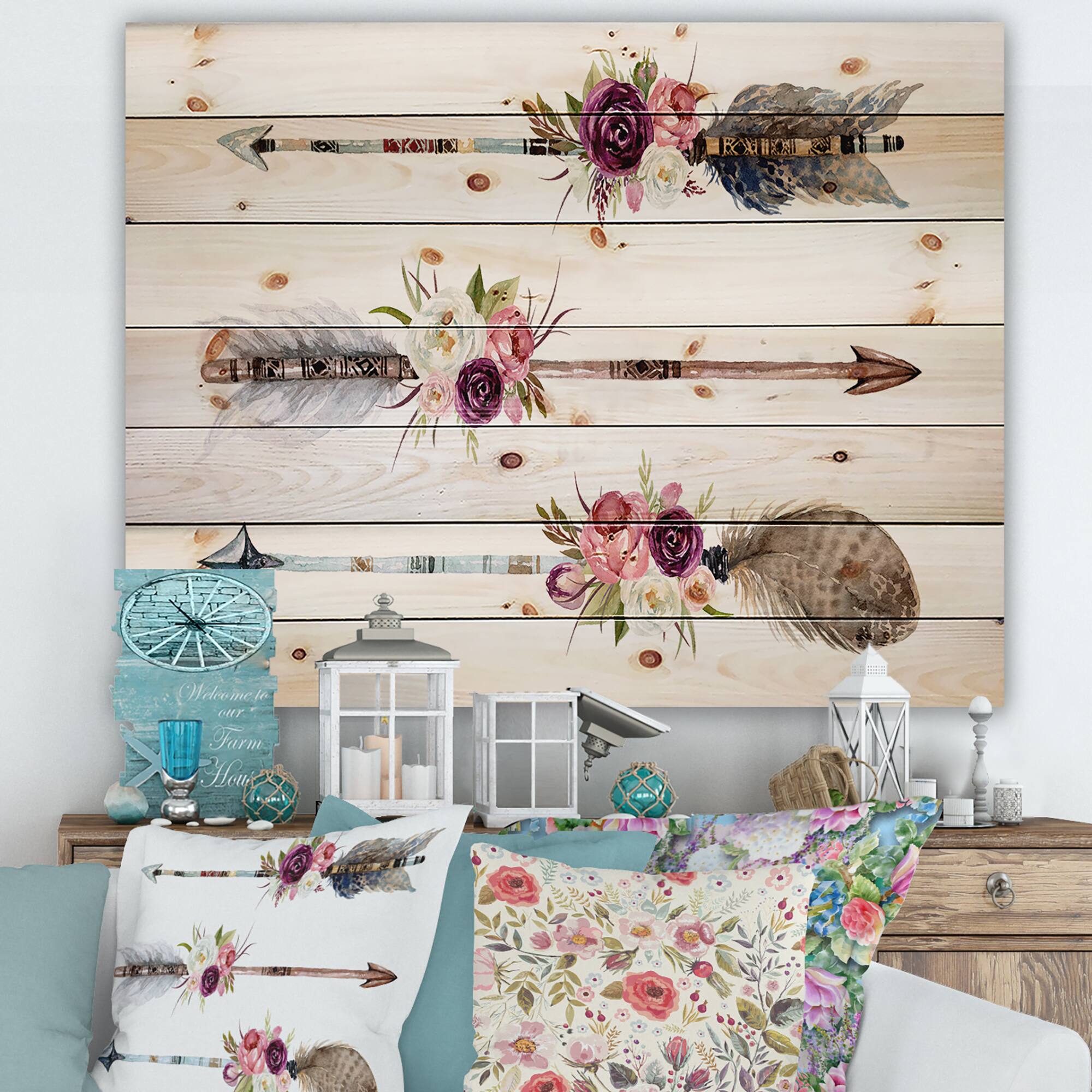 Designart - Ethnic Feathers and Flowers On Native Arrows III - Bohemian & Eclectic Print on Natural Pine Wood