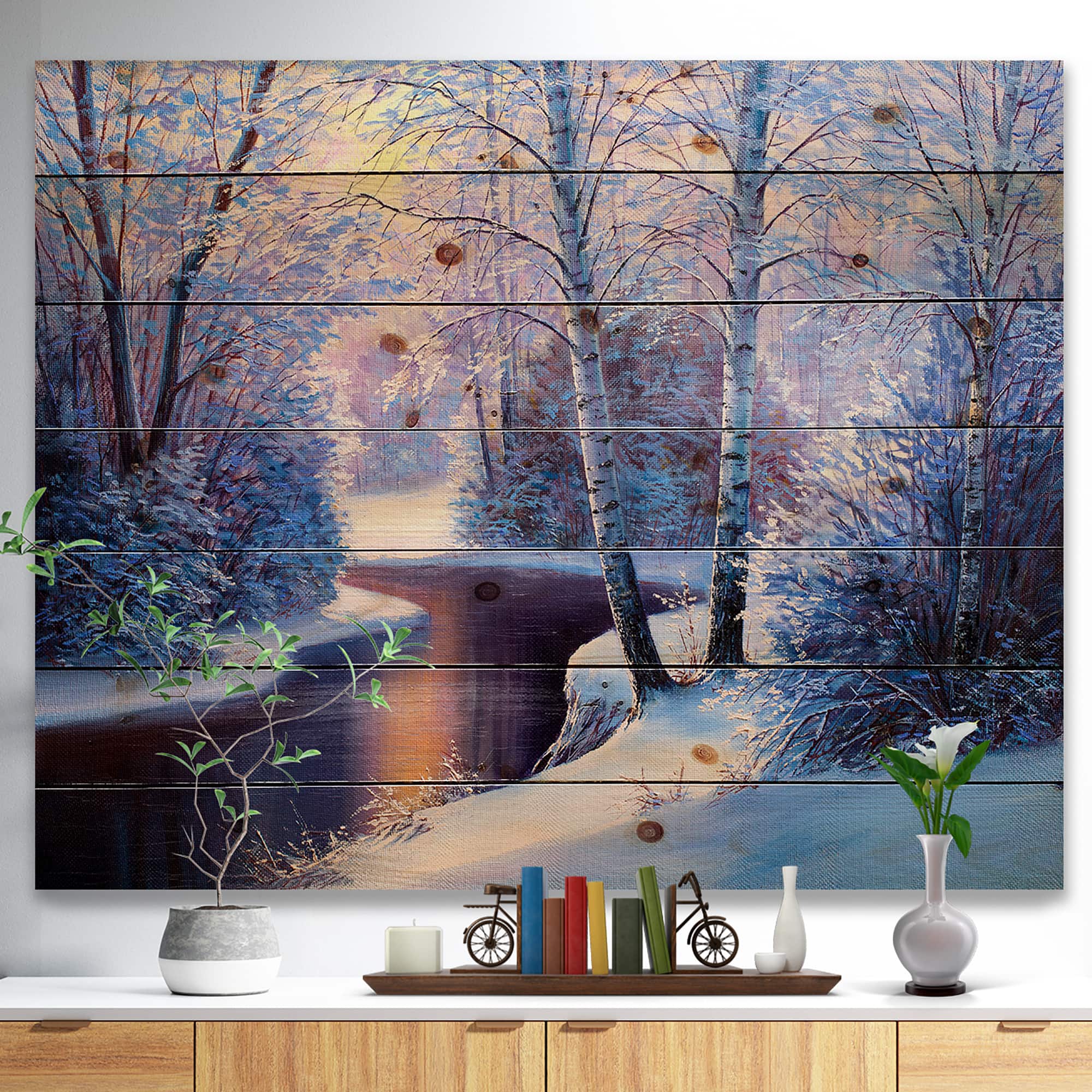 Designart - Winter Forest in River Sunset - Landscapes Painting Print on Natural Pine Wood