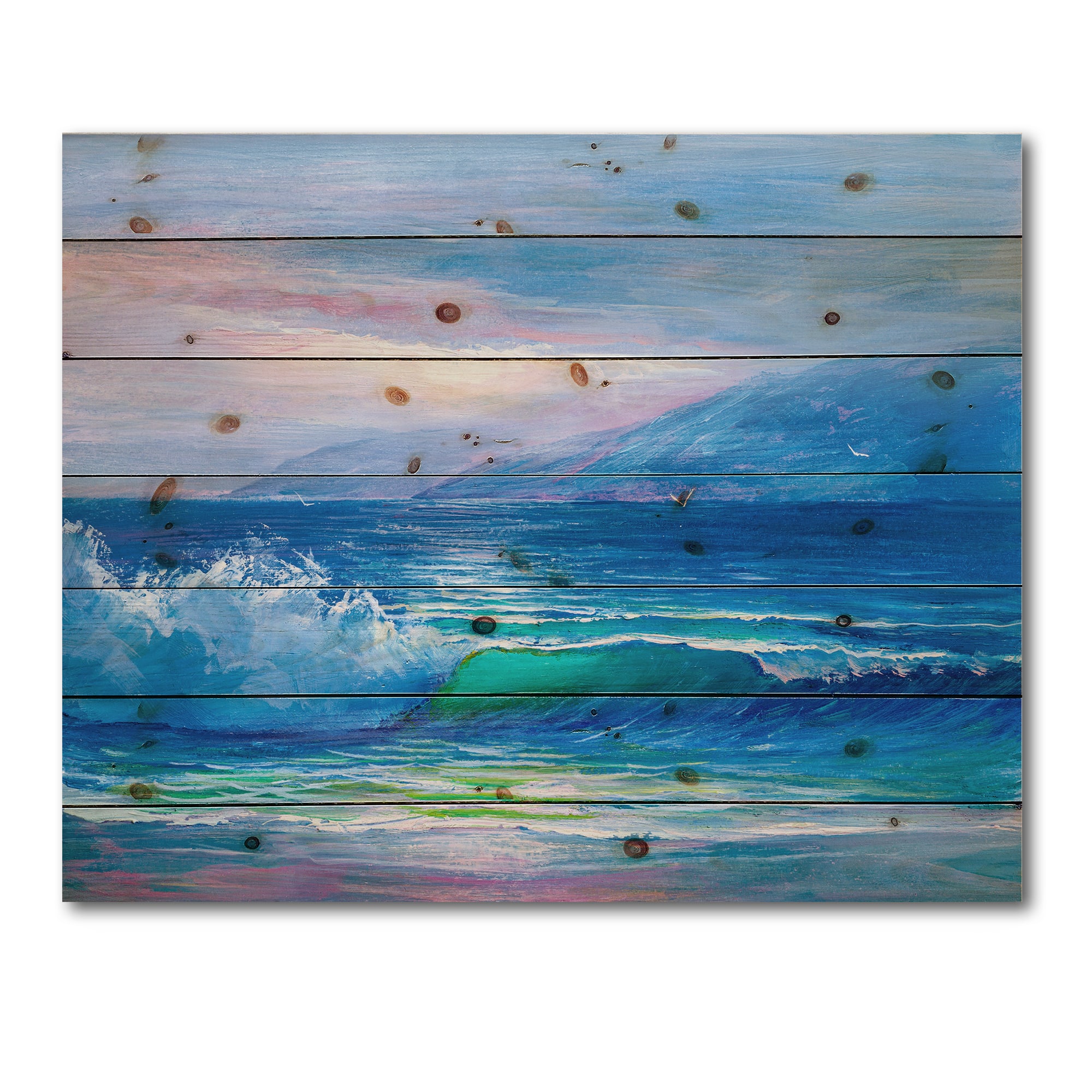 Designart - Blue Waves Breaking At The Beach II - Nautical &#x26; Coastal Print on Natural Pine Wood