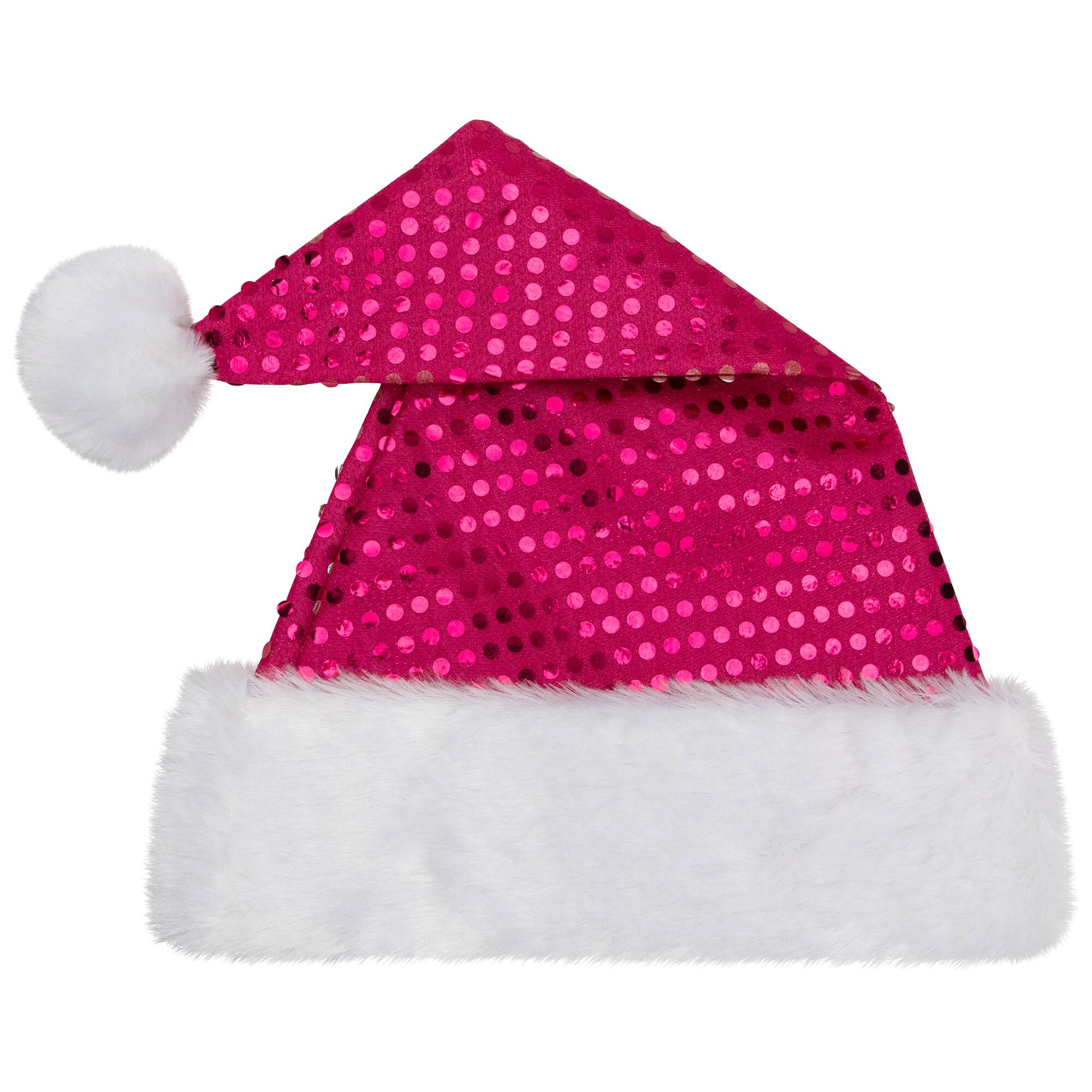 19" Fuchsia Pink Paillette with White Trim Adult Santa Hat
