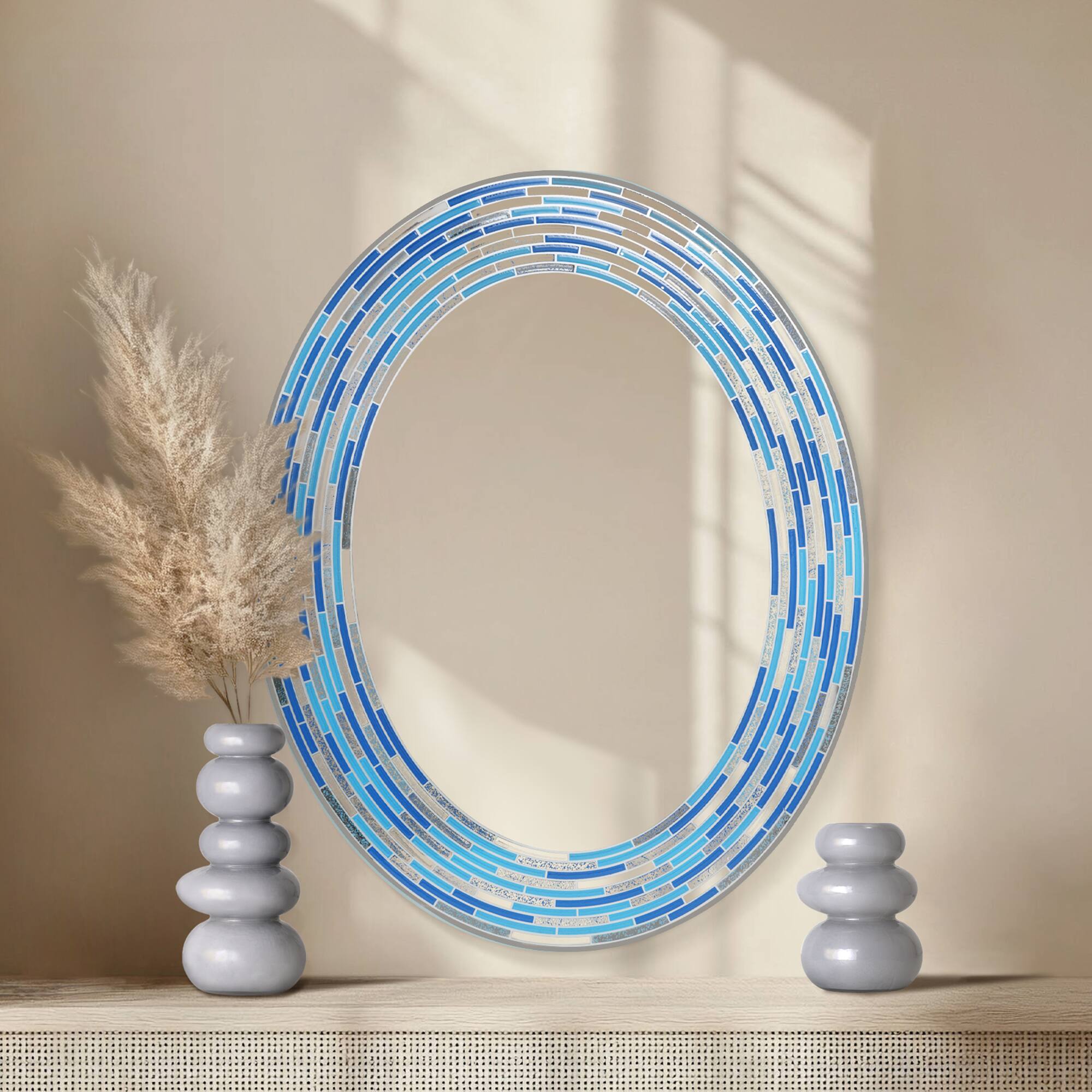 Head West Aqua/Blue3 Tile Framed Oval Wall Vanity Mirror - 23&#x22; x 29&#x22;