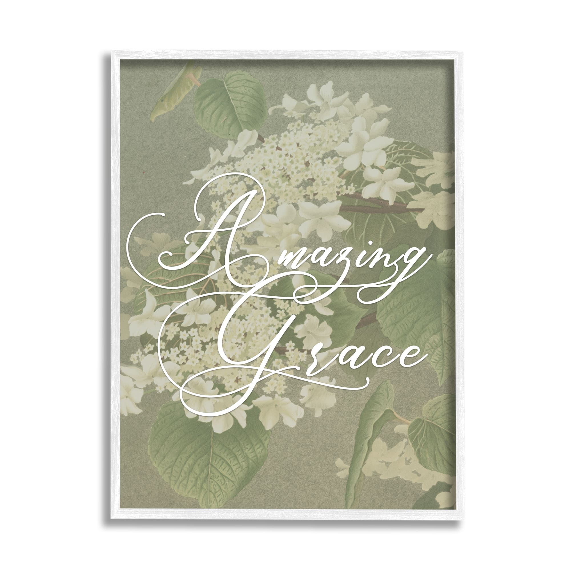 Stupell Industries Amazing Grace Phrase Vintage White Flower Blossoms Framed Wall Art