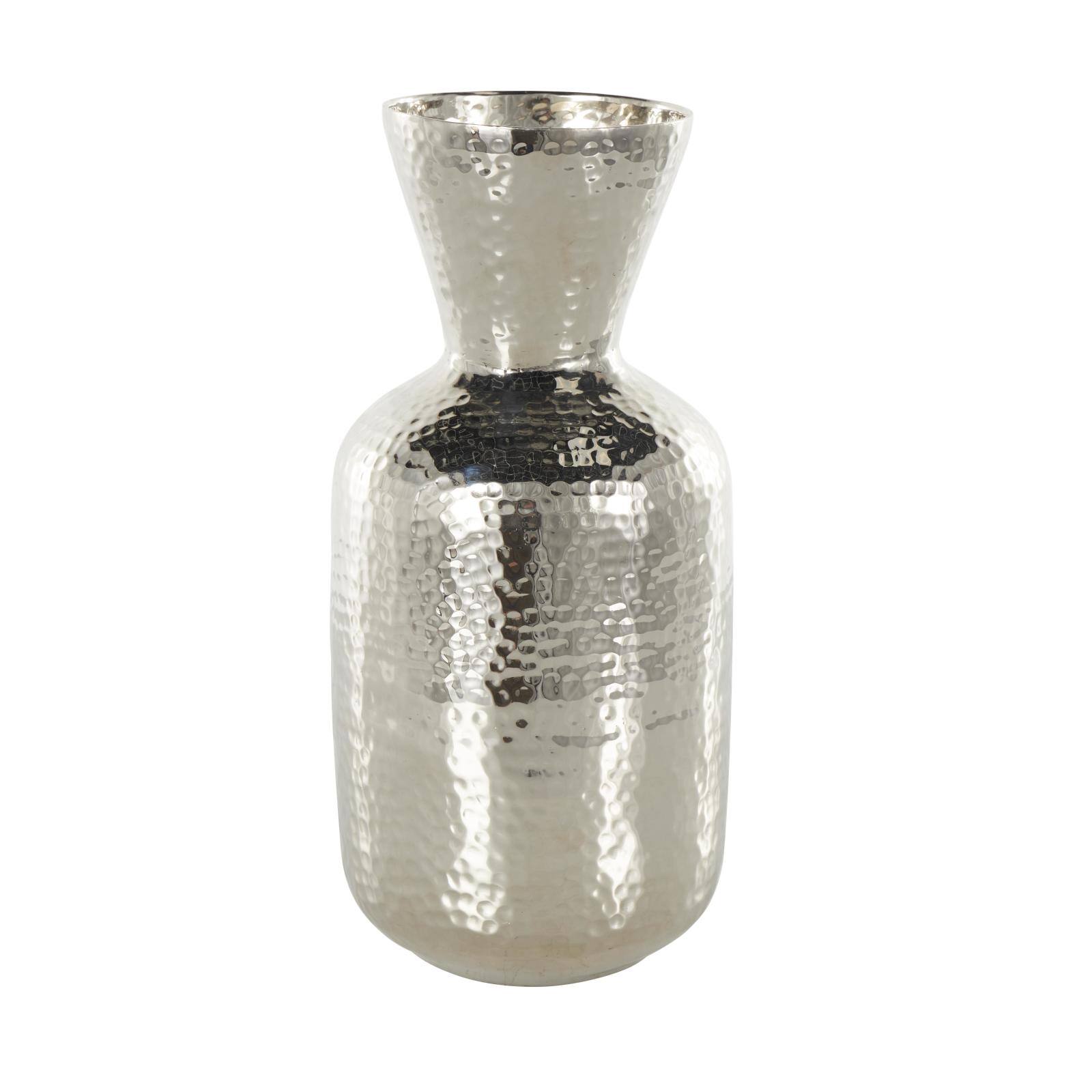 13" Silver Aluminum Metal Hammered Vase with Cone Shaped Opening