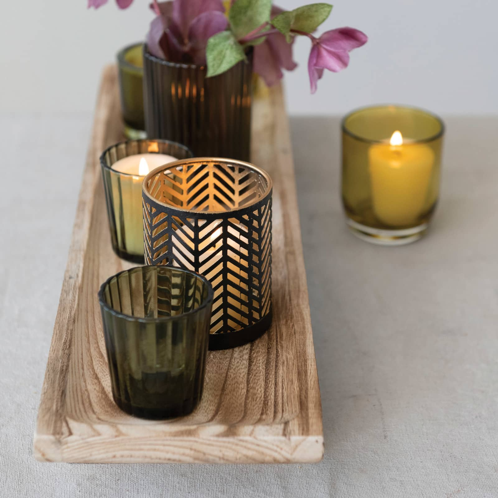 Wooden Footed Tray &#x26; Votive Holder Set