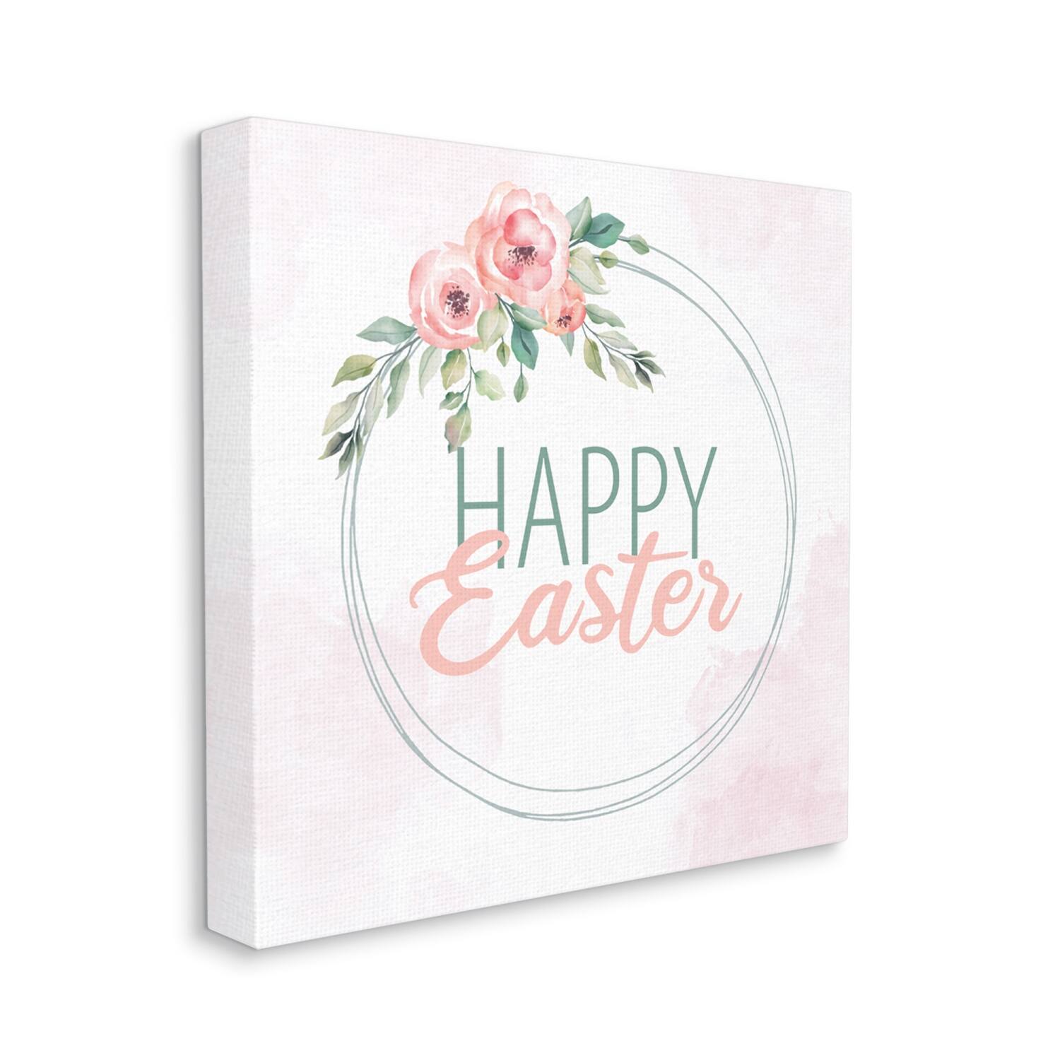 Stupell Industries Happy Easter Round Floral Border Pastel Pink Design Canvas Wall Art
