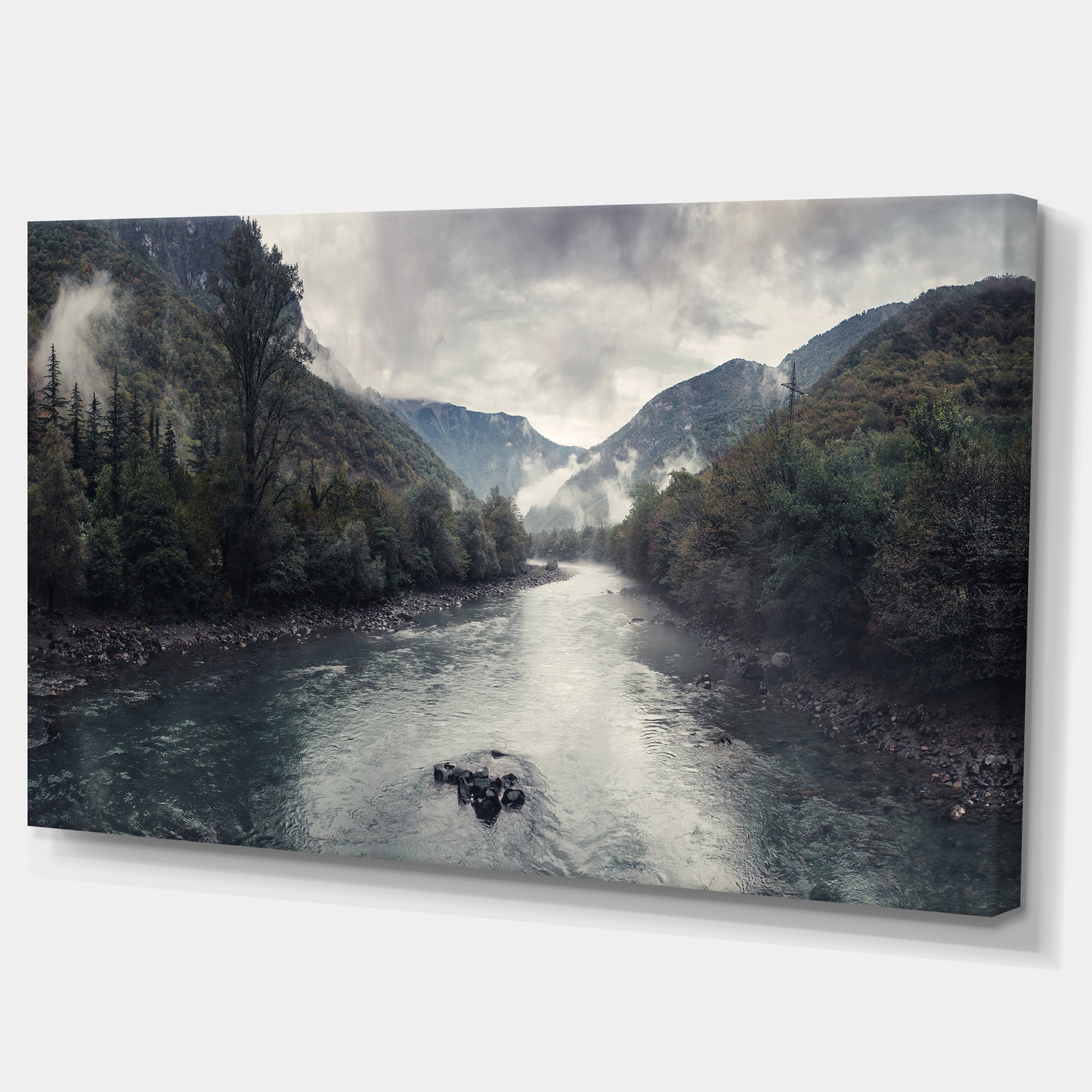 Designart - Mountain River with Fog and Rain - Modern Seascape Canvas Artwork