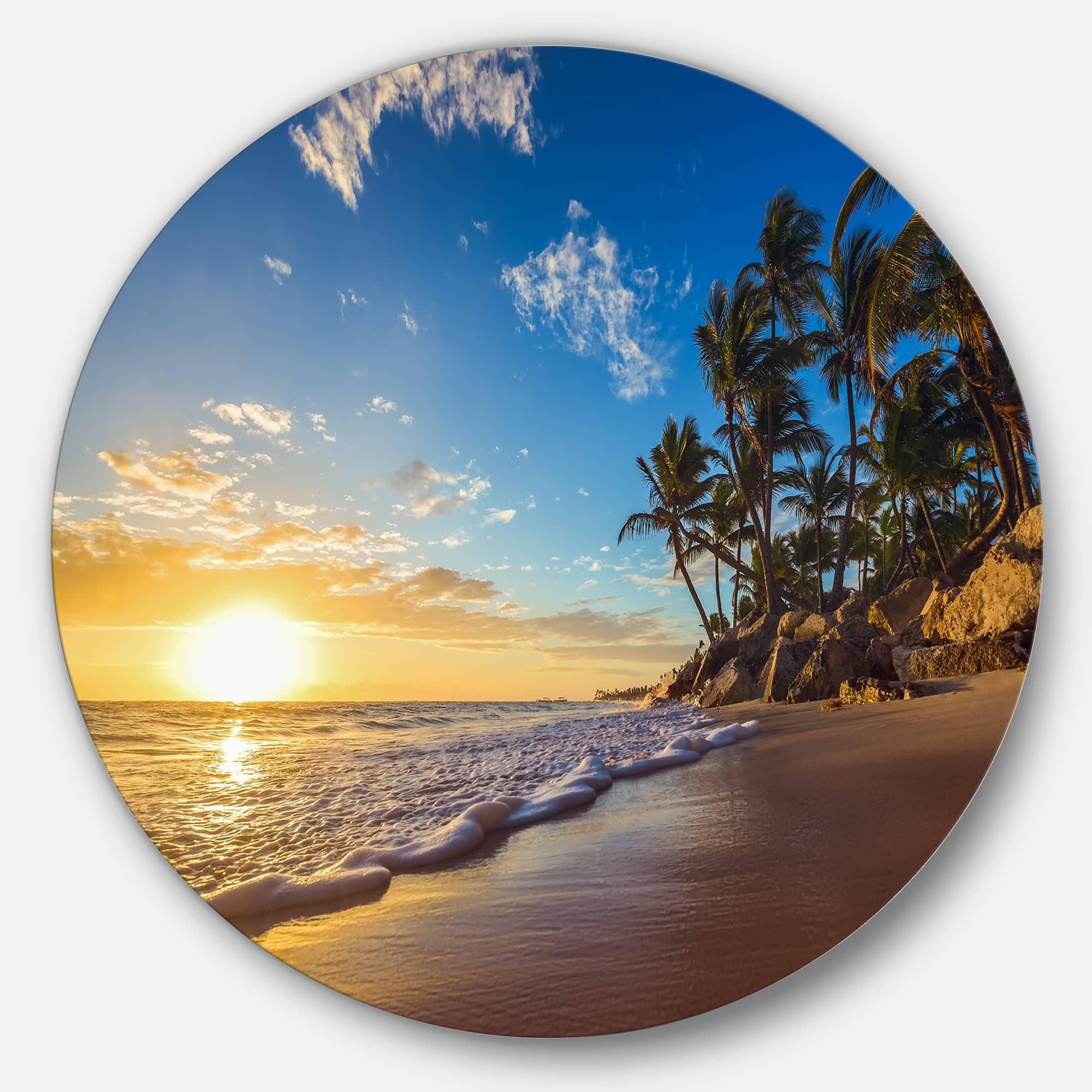 Designart - Paradise Tropical Island Beach Sunrise&#x27; Seashore Metal Circle Wall Art