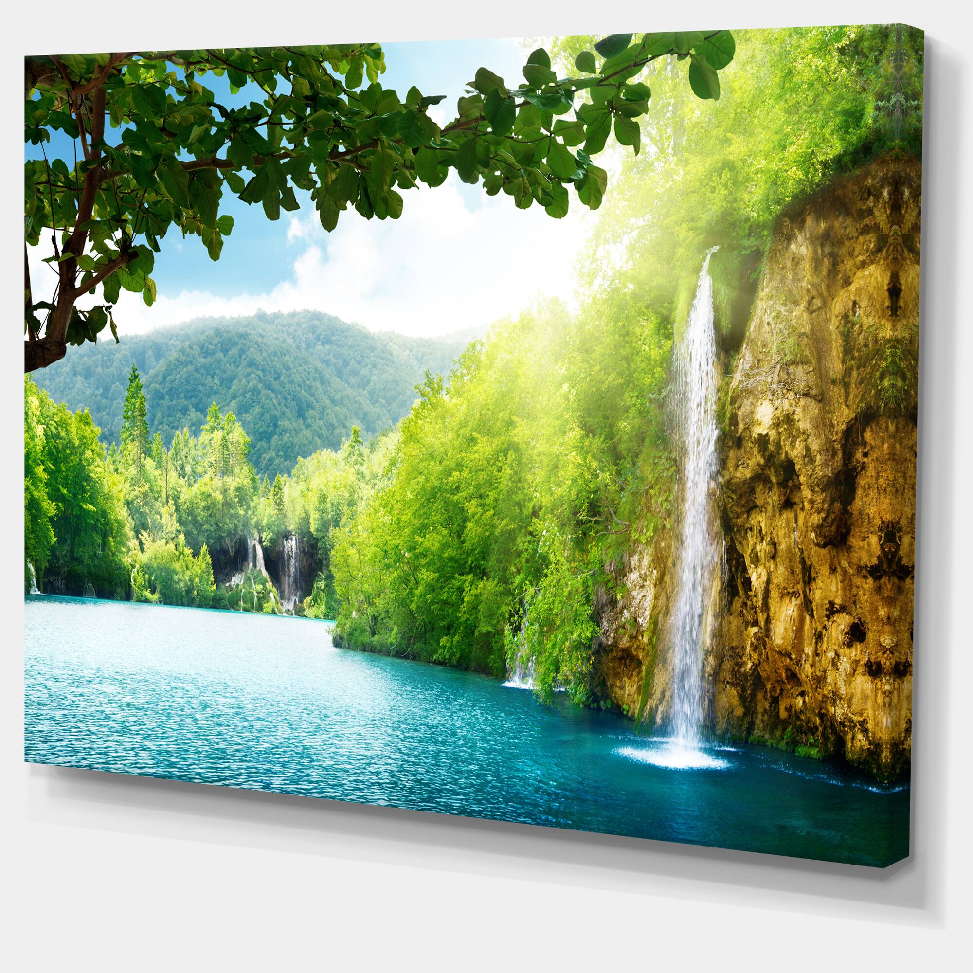 Designart - Waterfall in Deep Forest - Landscape Photography Canvas Art Print