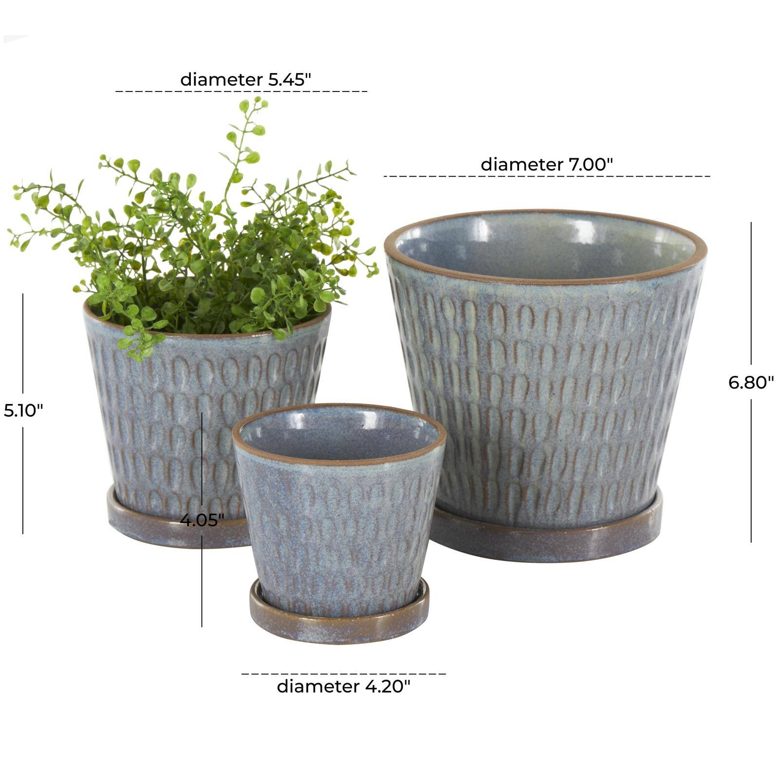 Blue Geometric Oval Patterned Ceramic Planter Set
