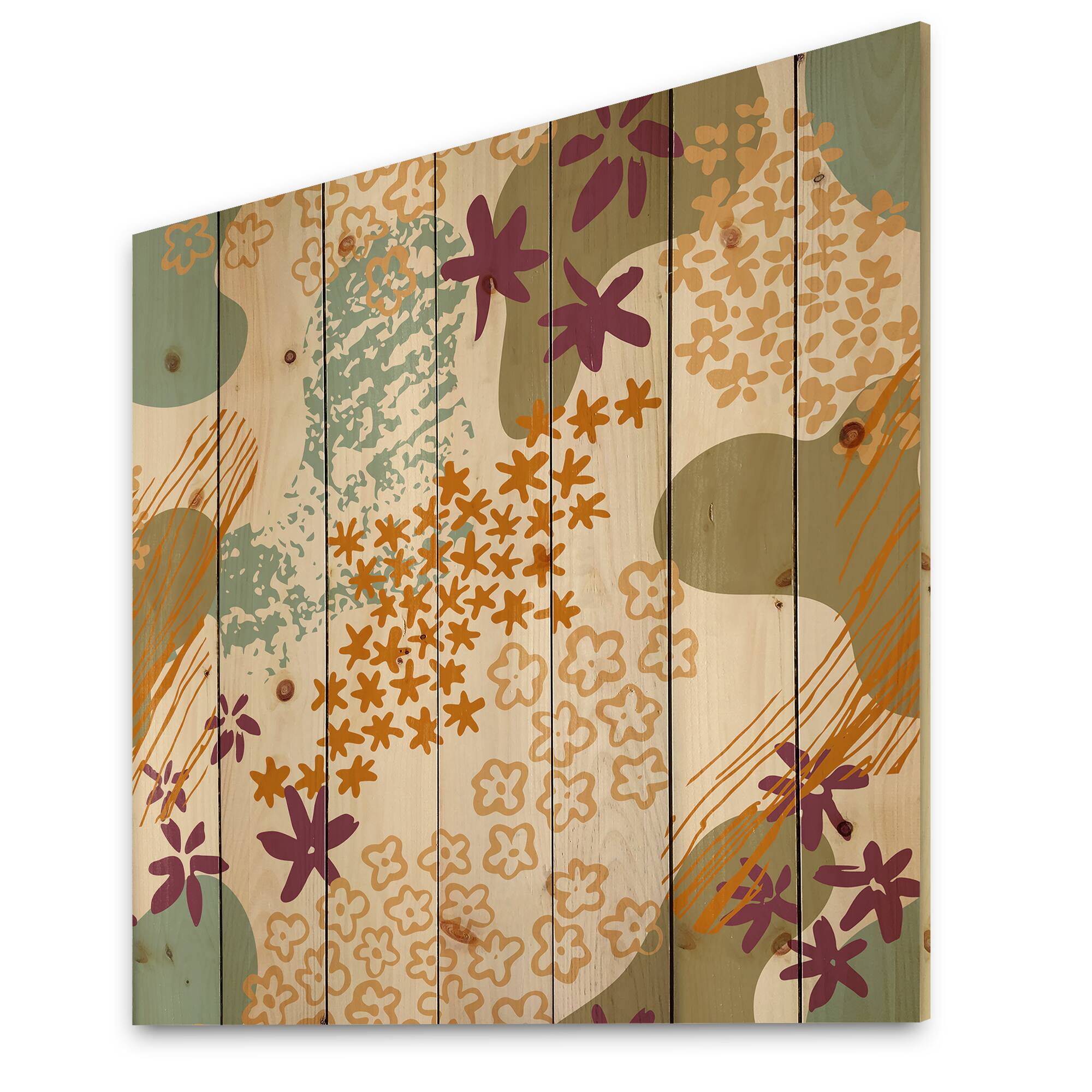 Designart - Flowers Silhouettes and Fluid Shapes - Modern Print on Natural Pine Wood