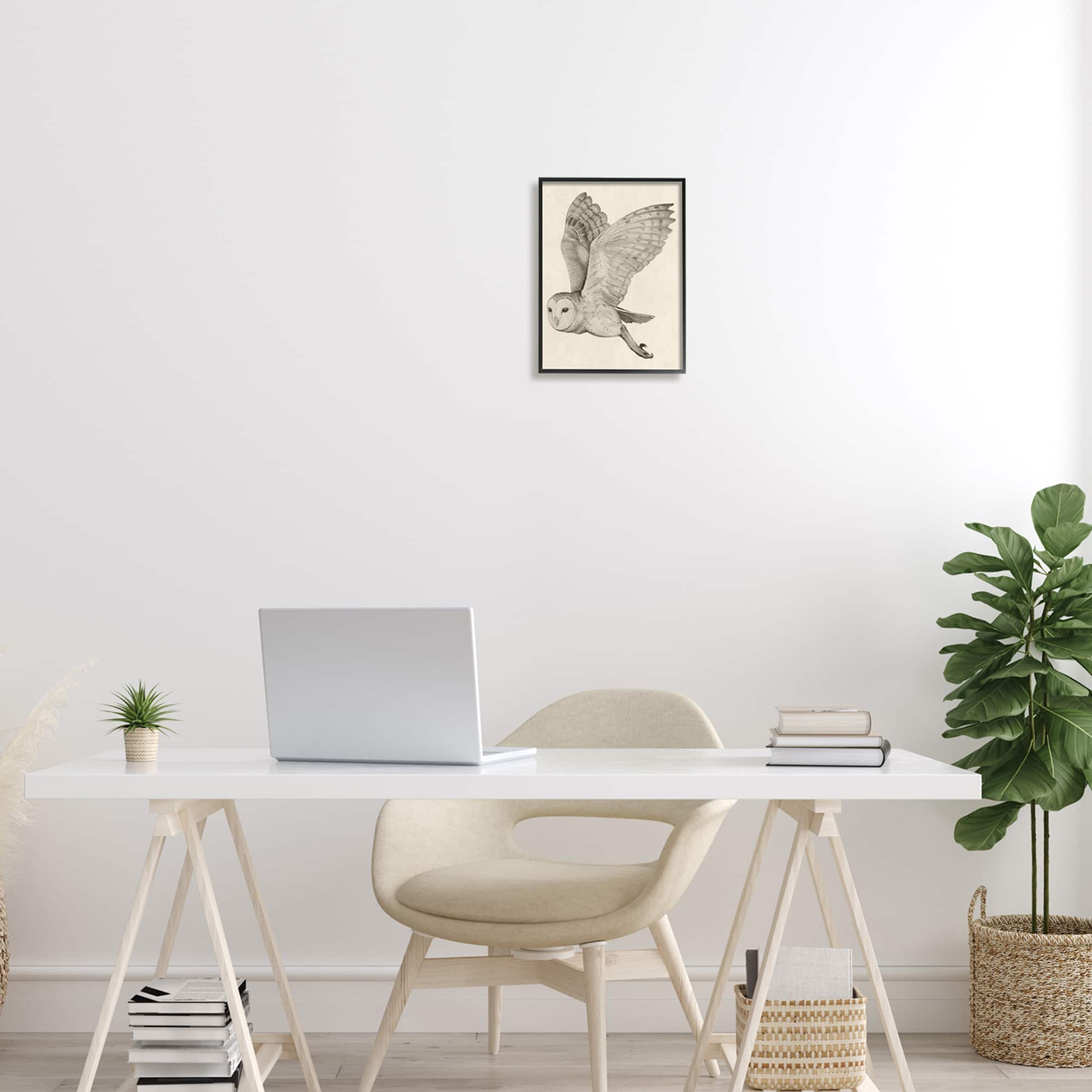 Stupell Industries Flying Barn Owl Wings Detailed Drawing Framed Giclee Art