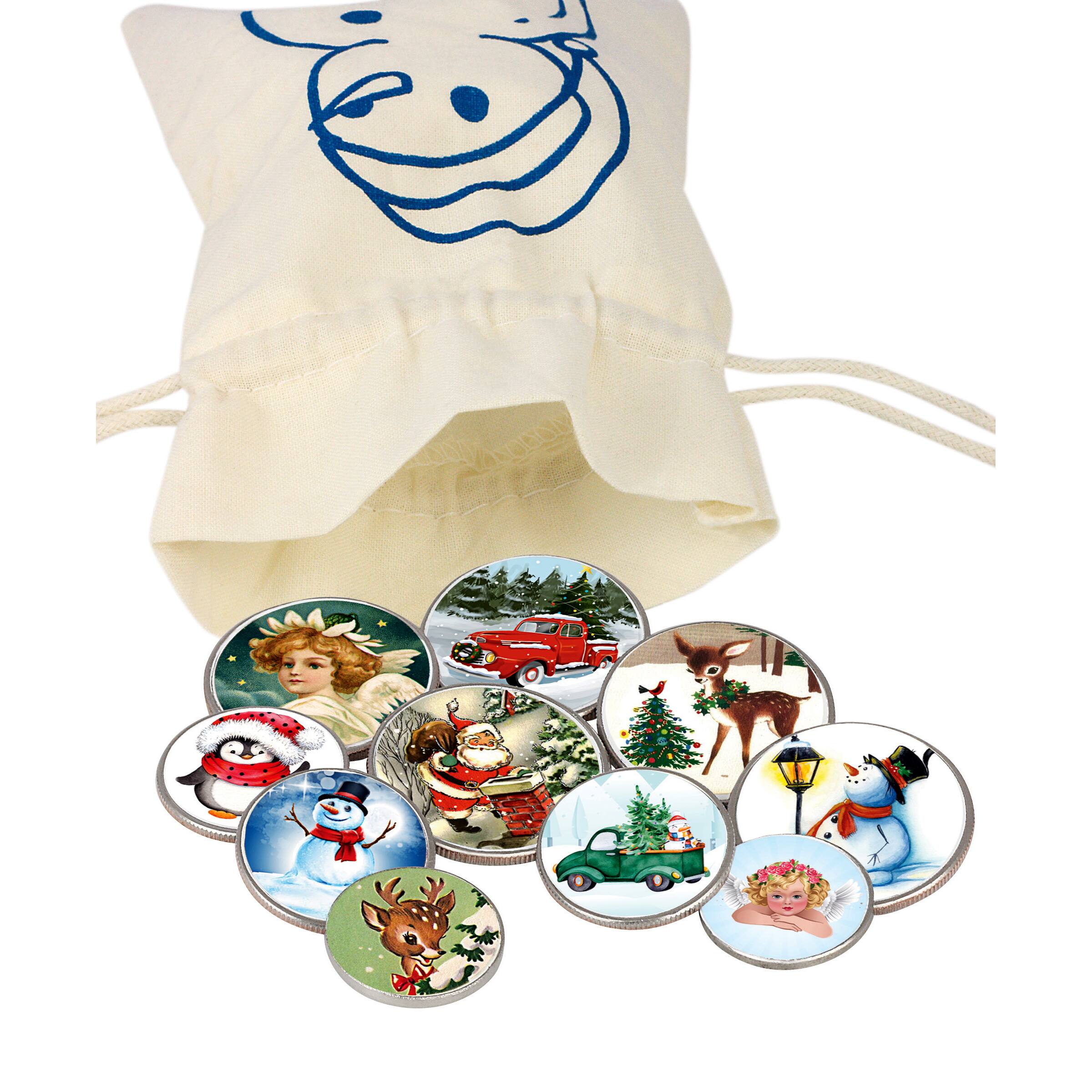 Vintage Christmas Colorized Coins in Snowman Canvasbag