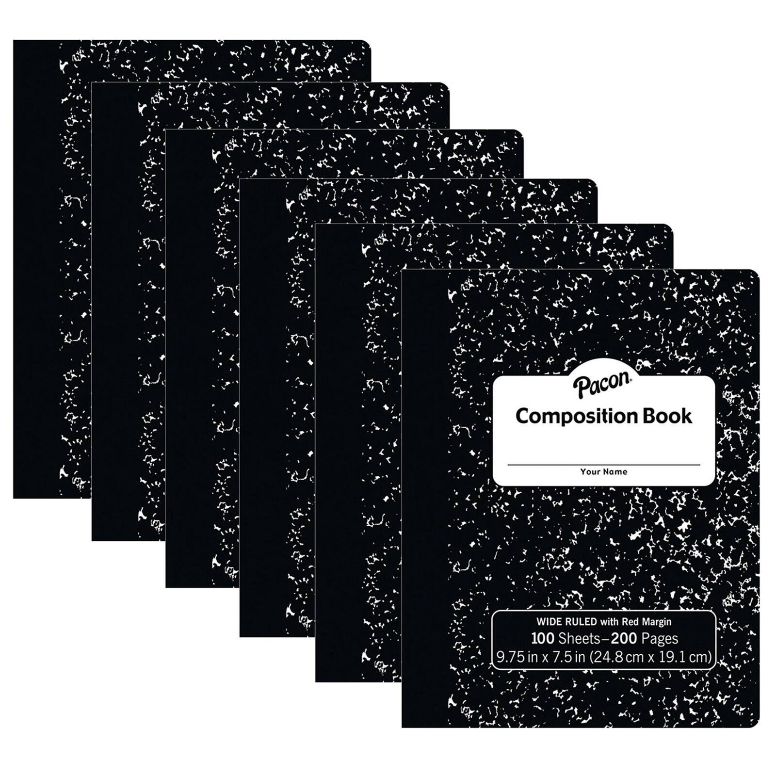 Pacon® 10" x 7" Black Marble Composition Book, 3/8" Ruled with Margin, 100 Sheets Per Book, 6ct.
