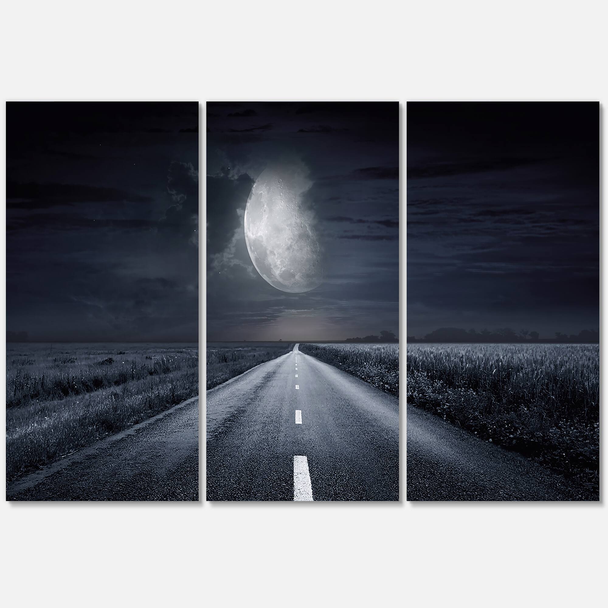 Designart - Asphalt Road Under Cloudy Full Moon III