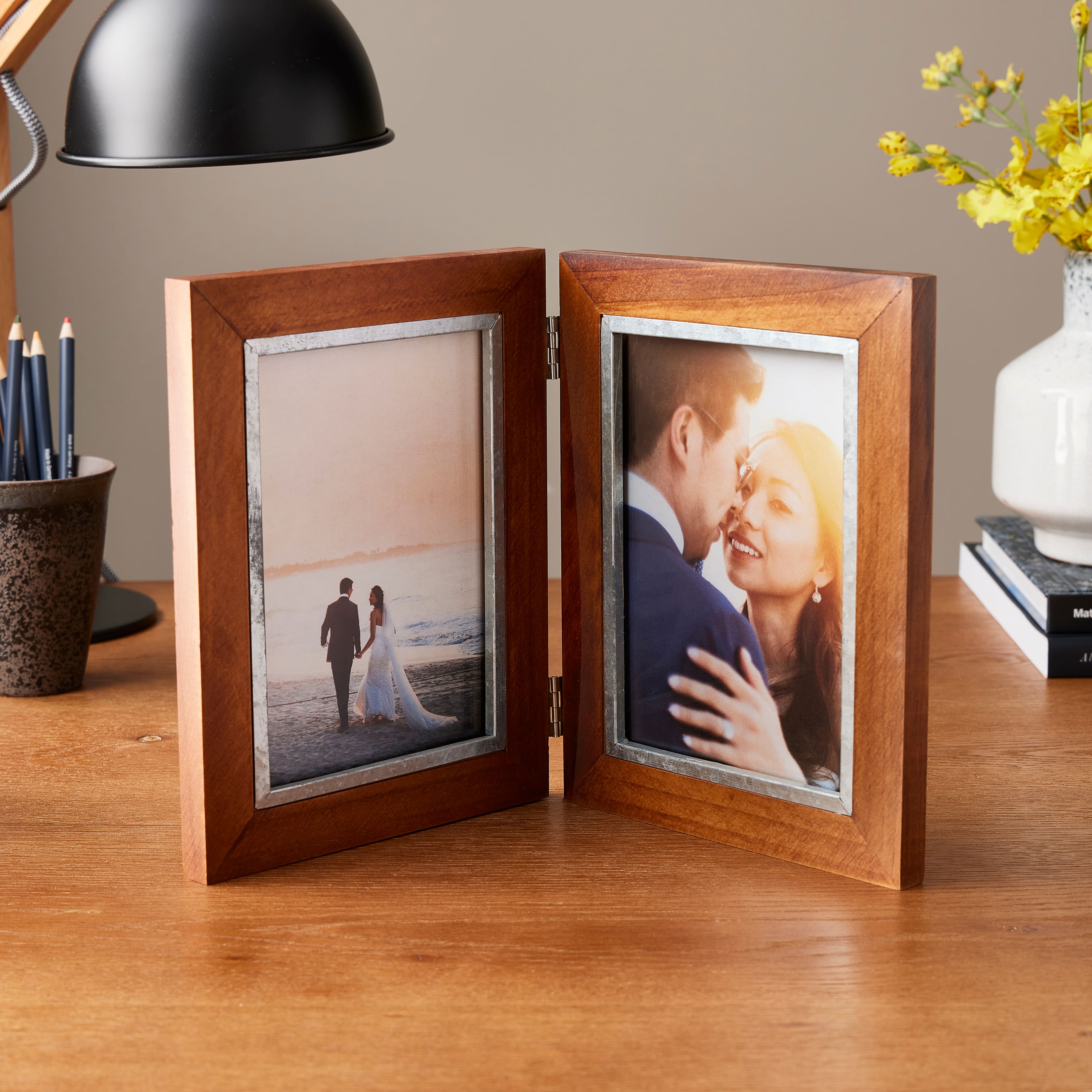 12 Pack: 2 Opening Walnut &#x26; Silver 5&#x22; x 7&#x22; Hinged Frame, Expressions&#x2122; by Studio D&#xE9;cor&#xAE;