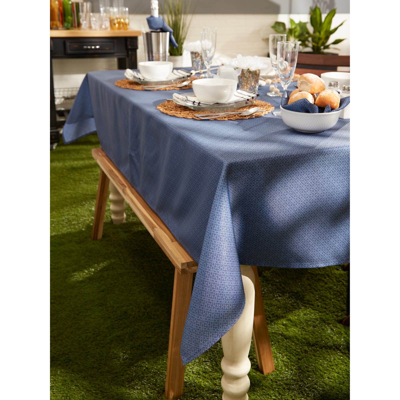 French Blue Tonal Lattice Print Outdoor Tablecloth 60&#x22; Round