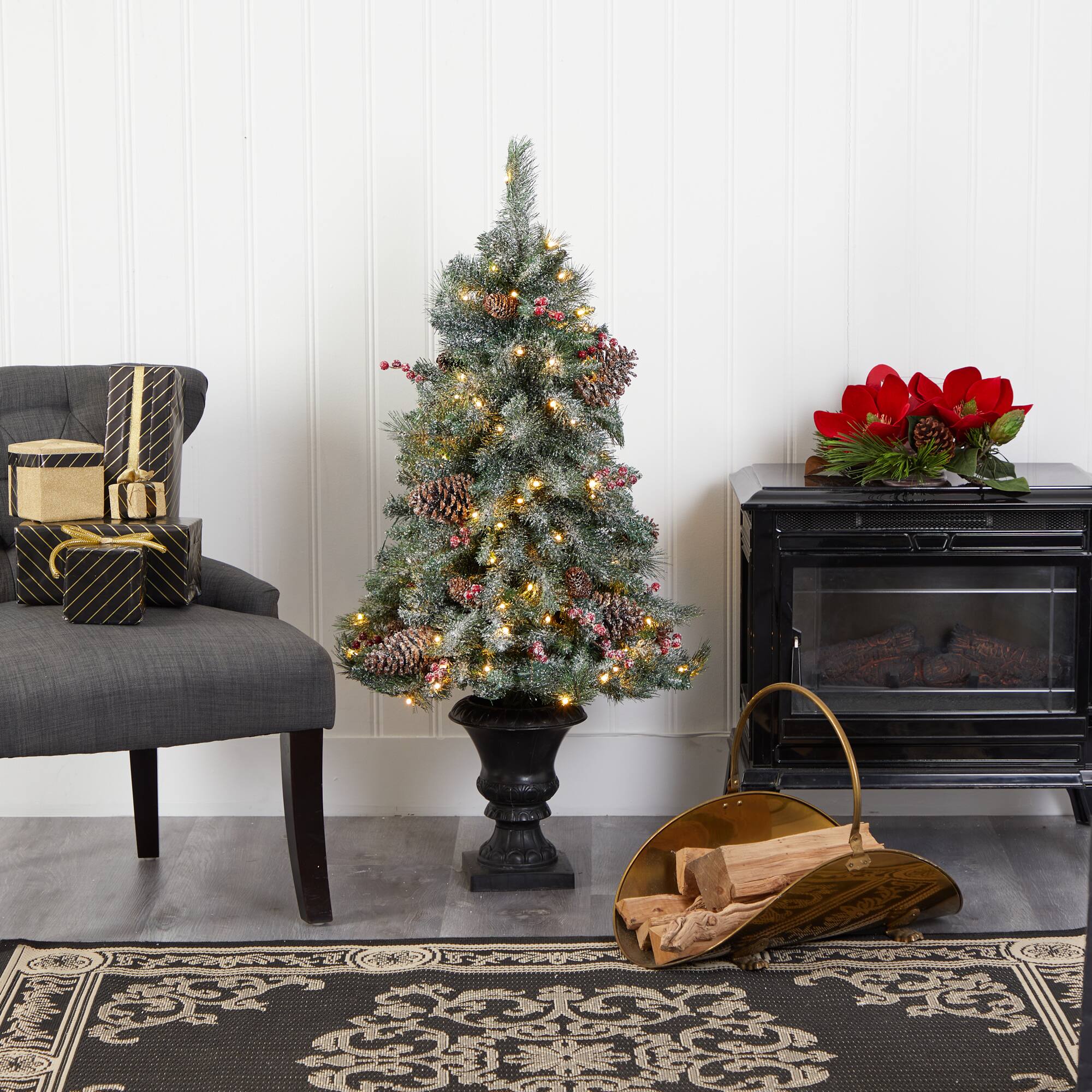 4ft. Pre-Lit Frosted Pine Artificial Christmas Tree with Pinecones & Berries, Clear LED Lights