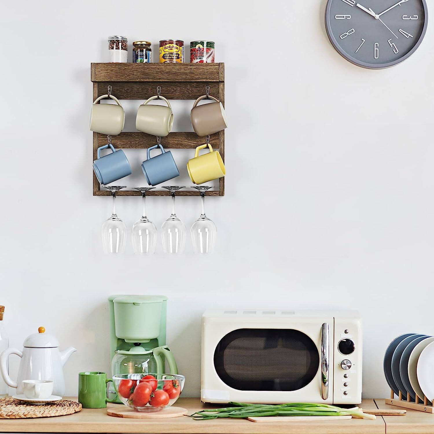 NEX™ 16" Rustic Brown Wood Wall-Mounted Coffee Mug Rack