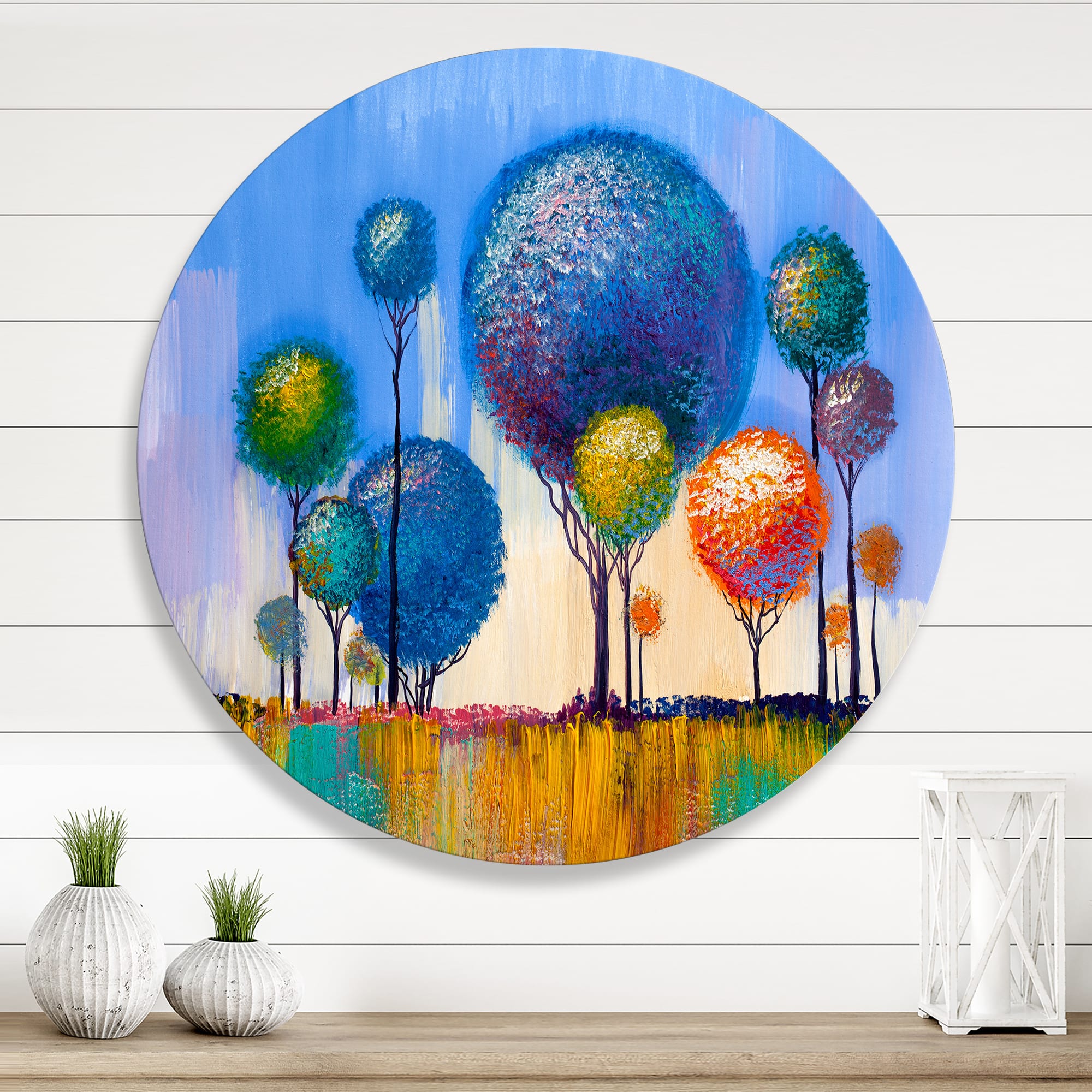Designart - Colourful Trees Impressionist Landscape I - Modern Metal Circle Wall Art
