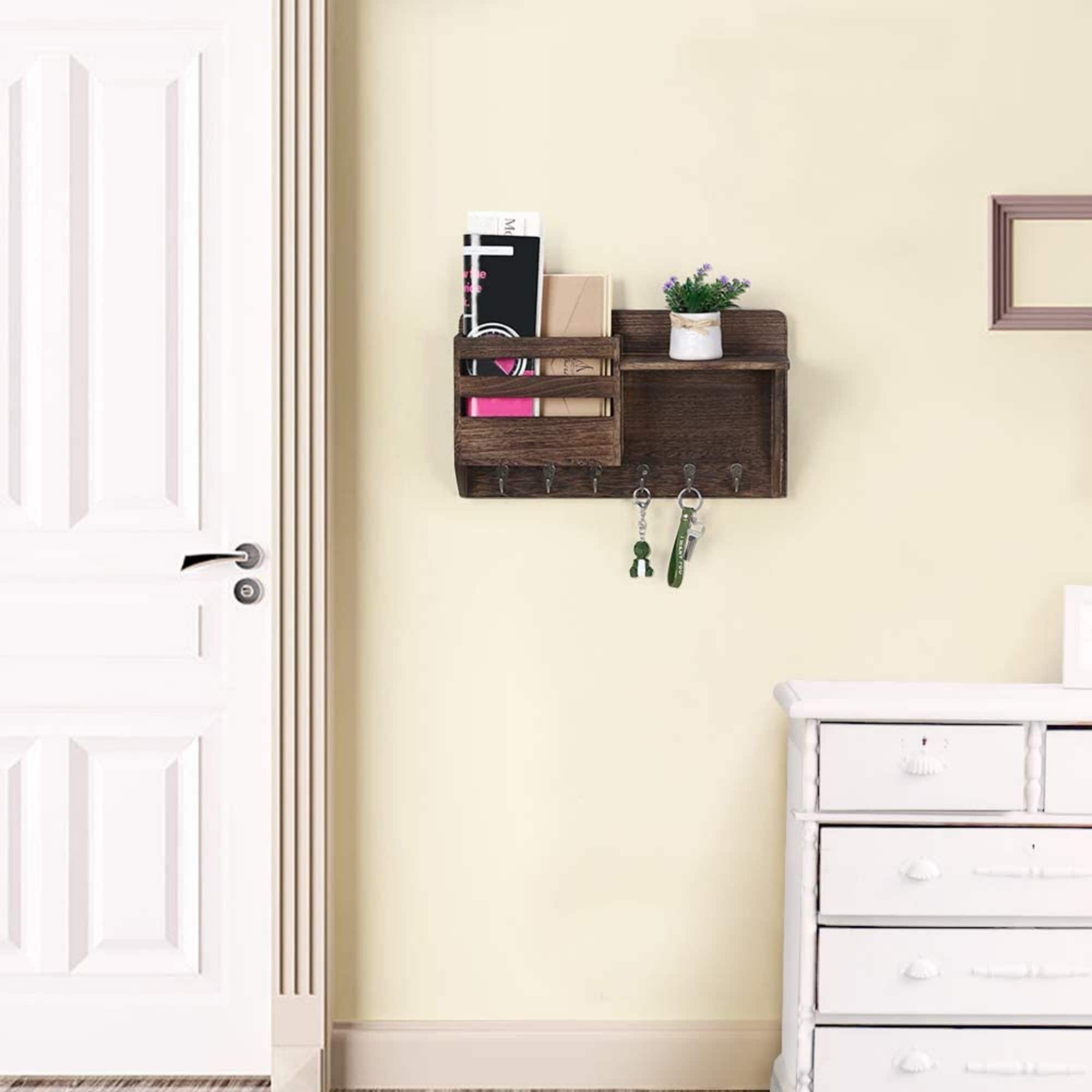 NEX™ 16" Brown Wall-Mounted Mail & Key Holder Organizer with 6 Key Hooks