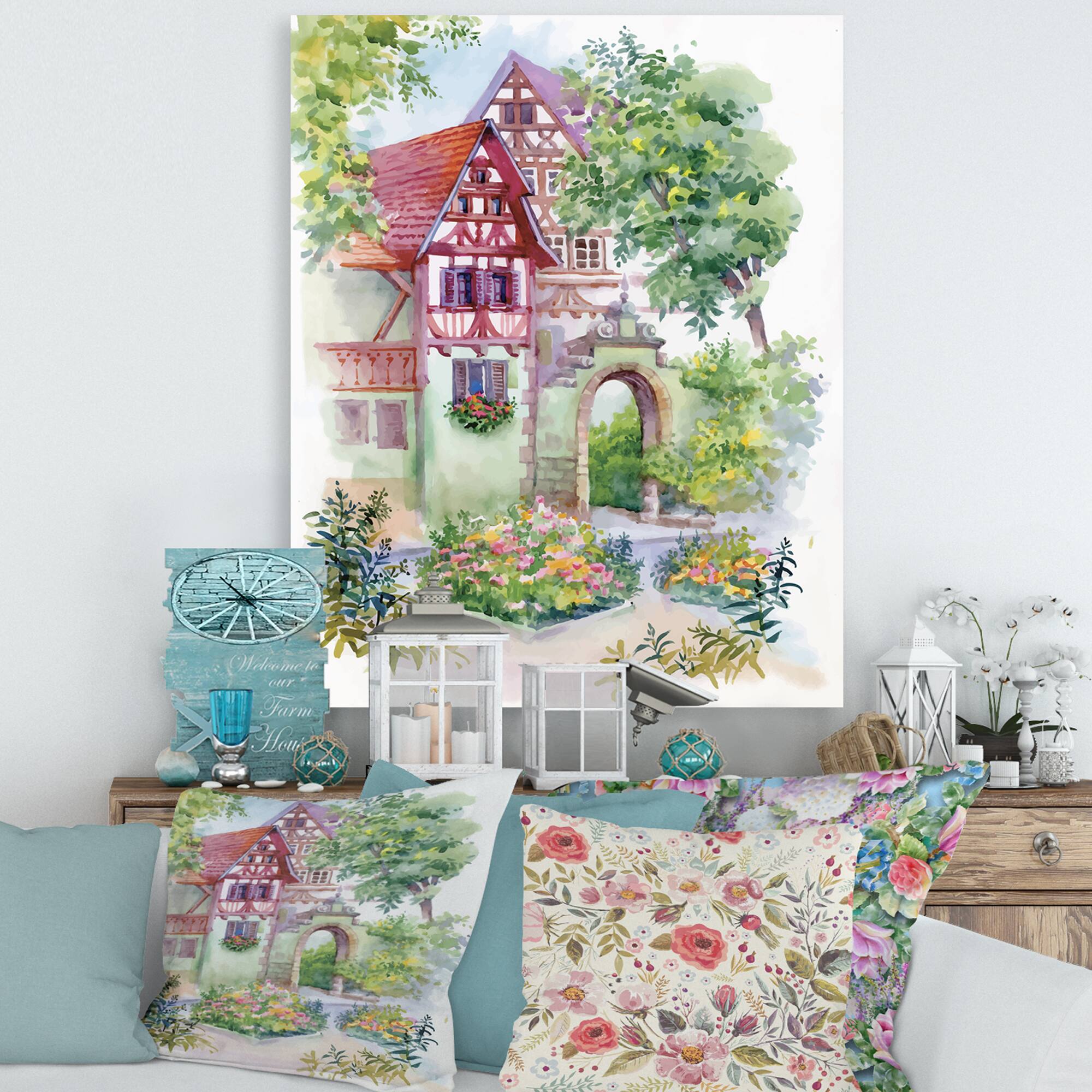 Designart - Red Rustic House In The Country Side - Traditional Canvas Wall Art Print