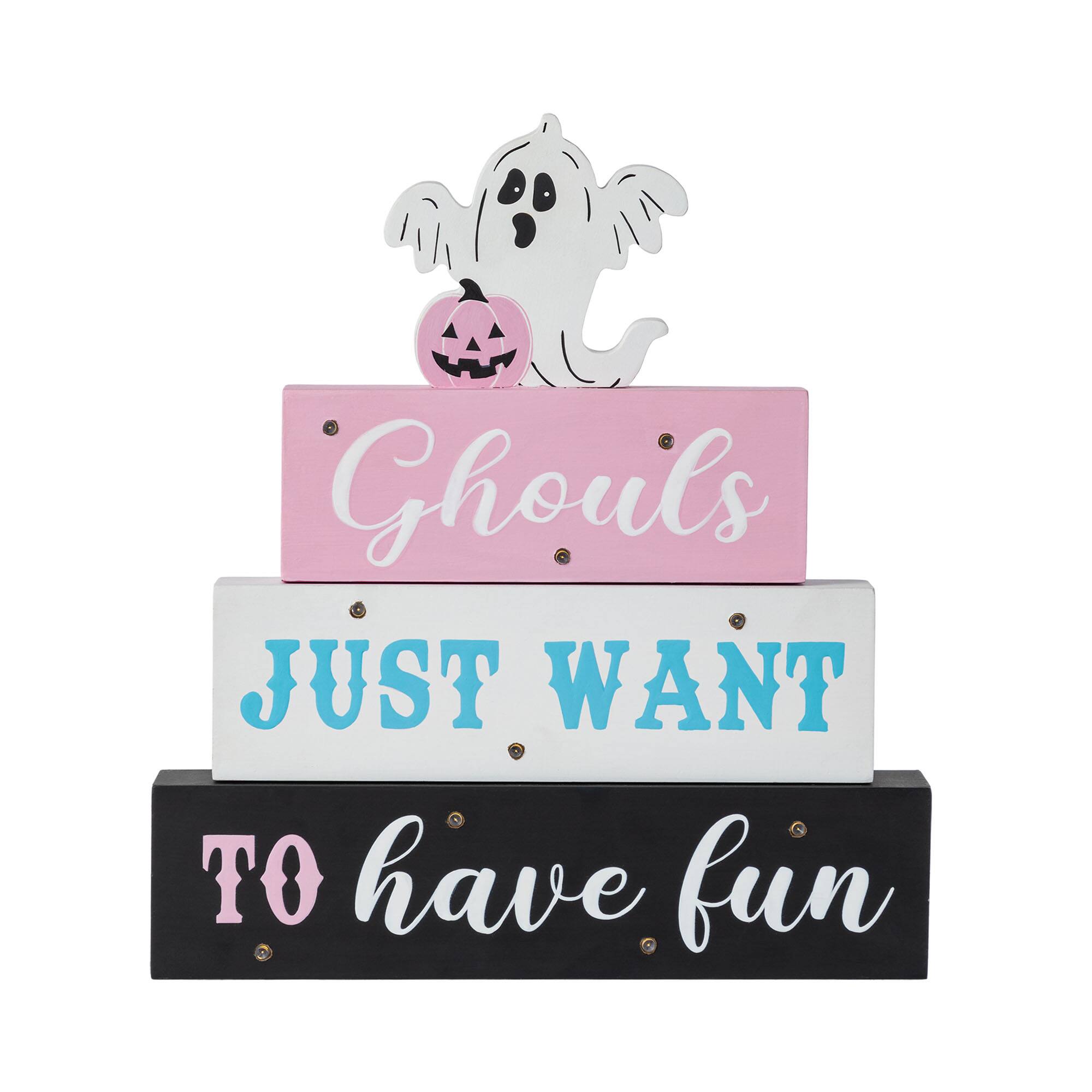 Glitzhome&#xAE; 11.75&#x22;H Halloween Lighted Pink Wooden Ghost Block Word Sign