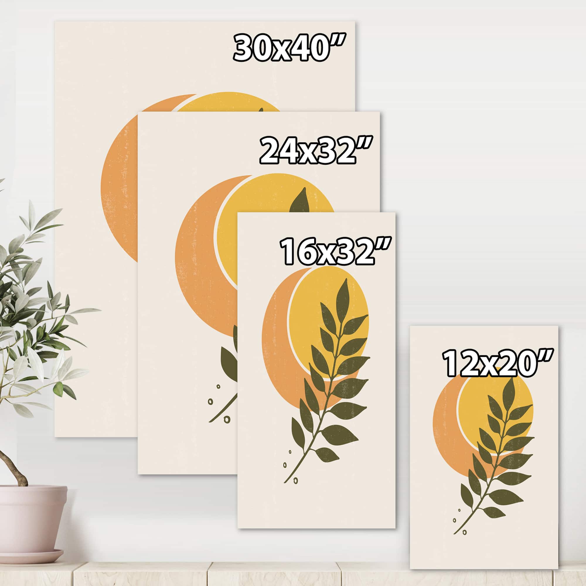 Designart - Abstract Geometrical Sun and Moon With Leaf V - Modern Canvas Wall Art Print