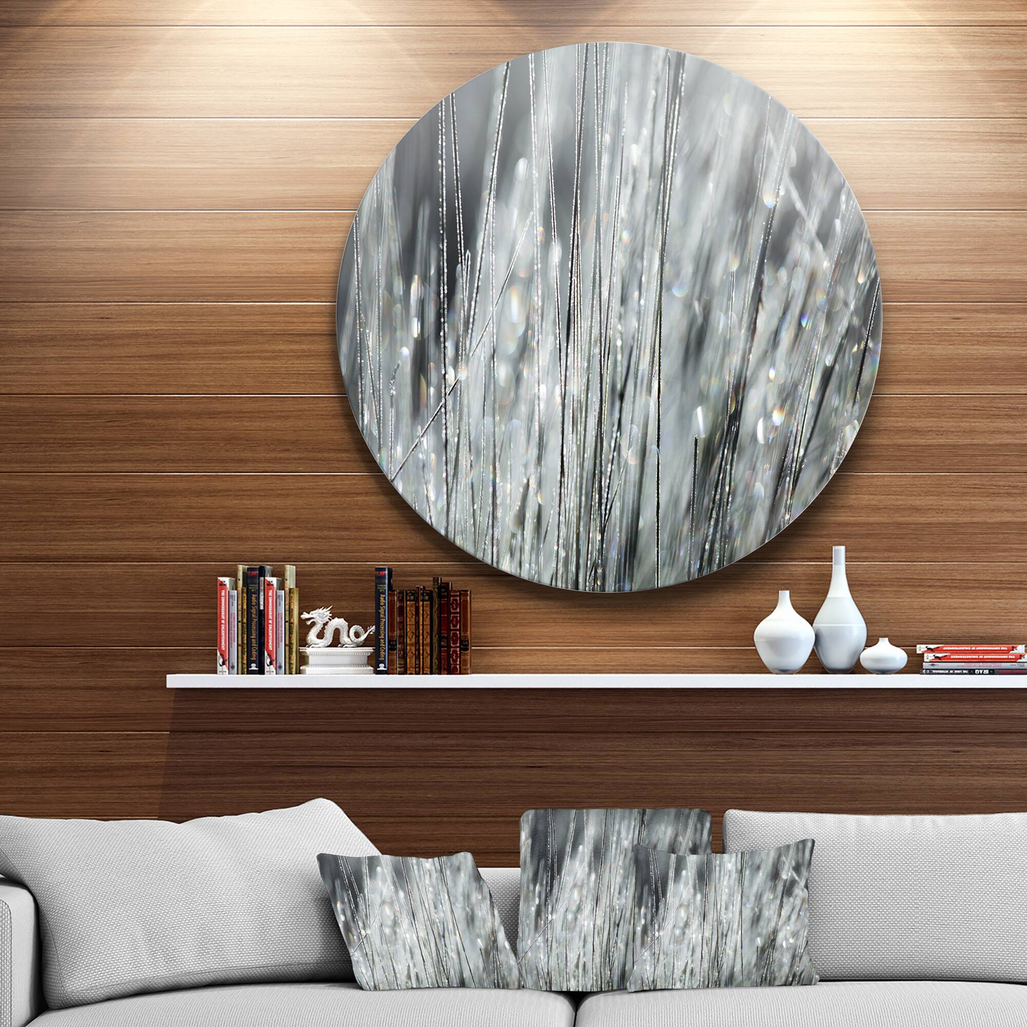 Designart - Raindrops on Grass Black White' Oversized Landscape Metal Circle Wall Art