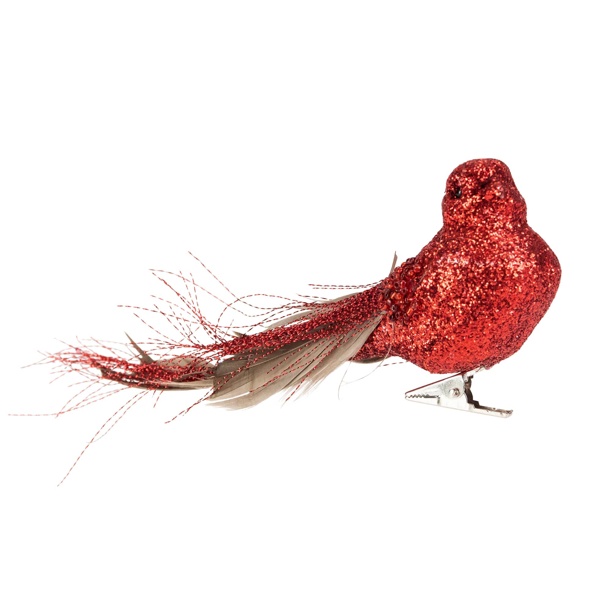 Glittered Bird with Feather Tail Christmas Clip Ornament - 7&#x22; - Red