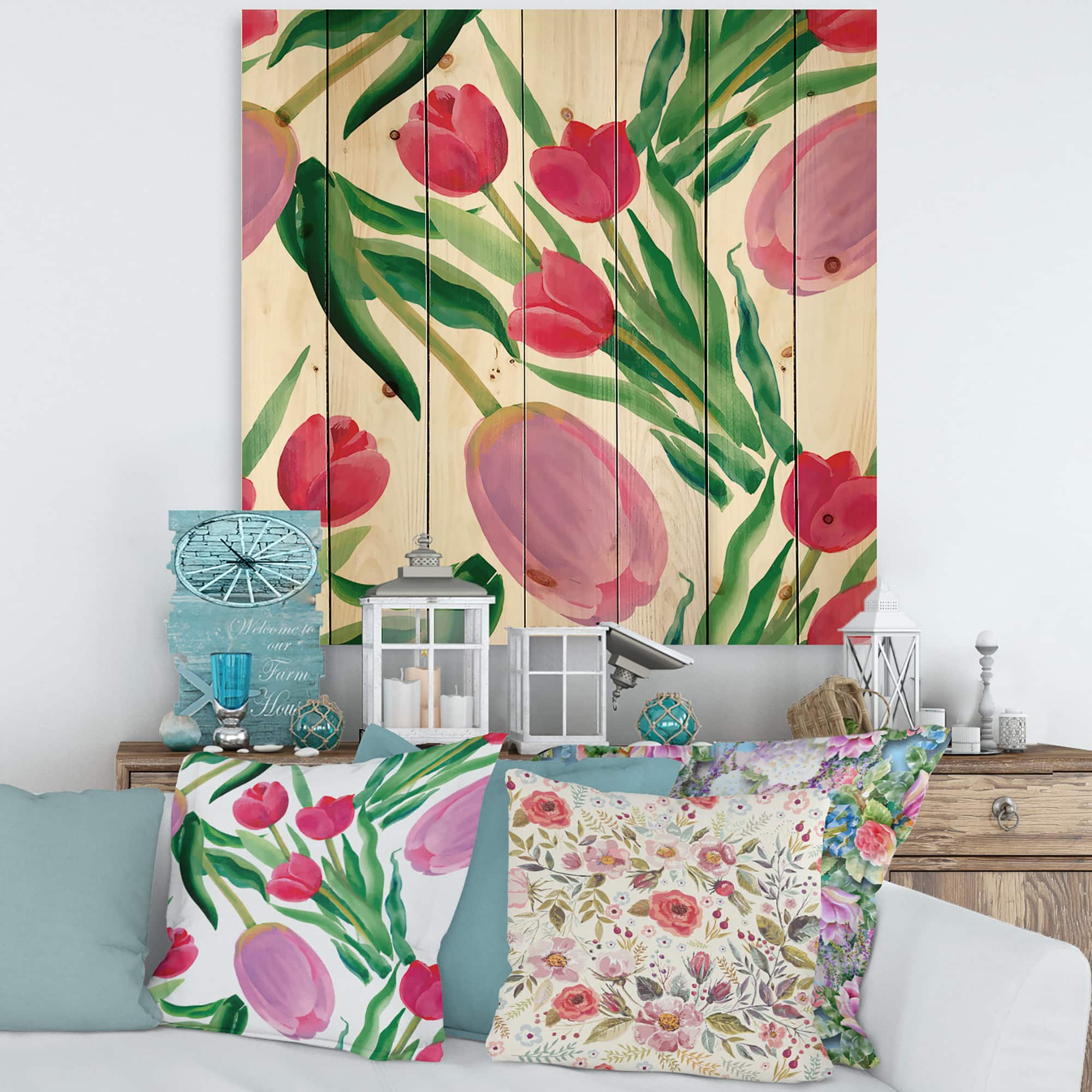 Designart - Blooming Beautiful Pink Tulips Flowers - Traditional Print on Natural Pine Wood