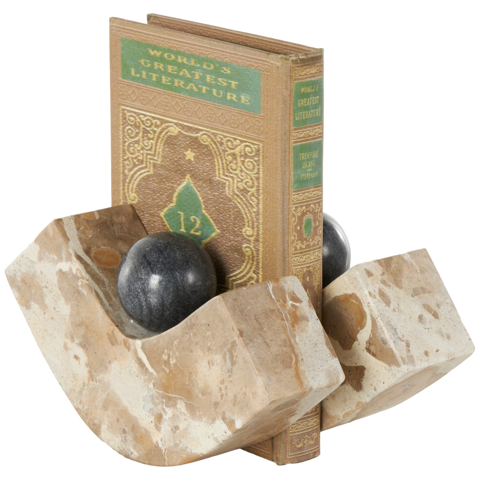 5&#x22; Brown Marble Arched Curved Bookends with Black Orbs, 2ct