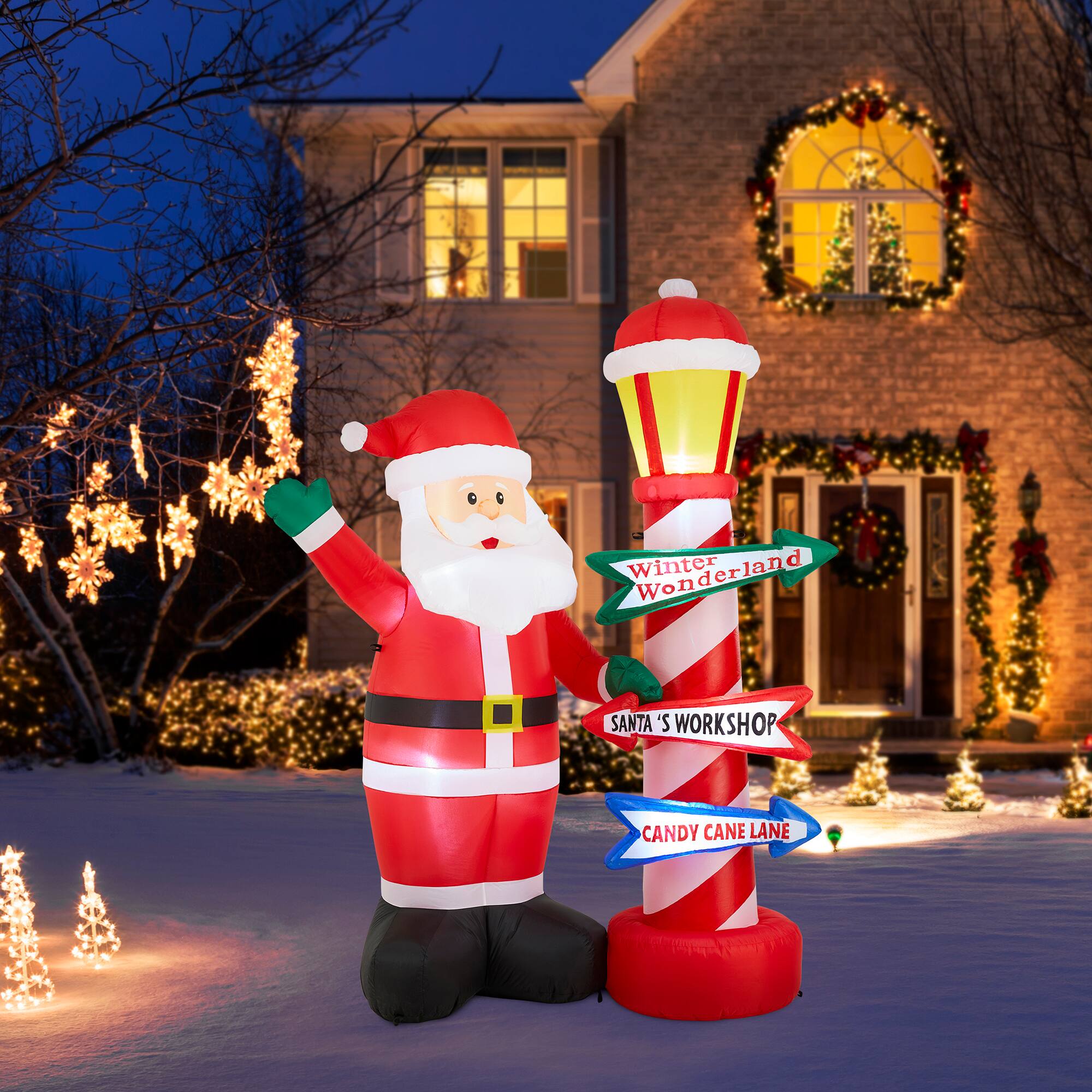 Glitzhome&#xAE; 7FT Lighted Inflatable Santa with Lamp Post Sign Decor