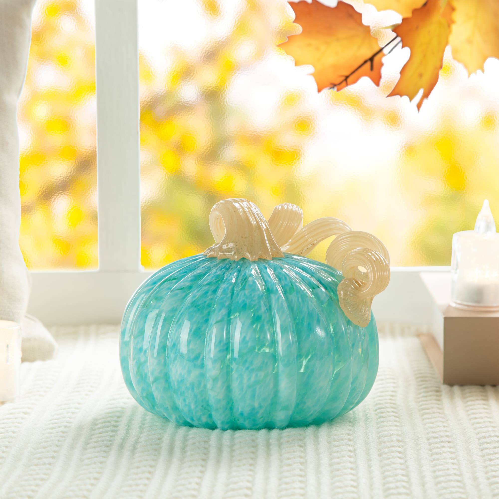 Glitzhome&#xAE; 6&#x22; Fall Turquoise Round Glass Pumpkin