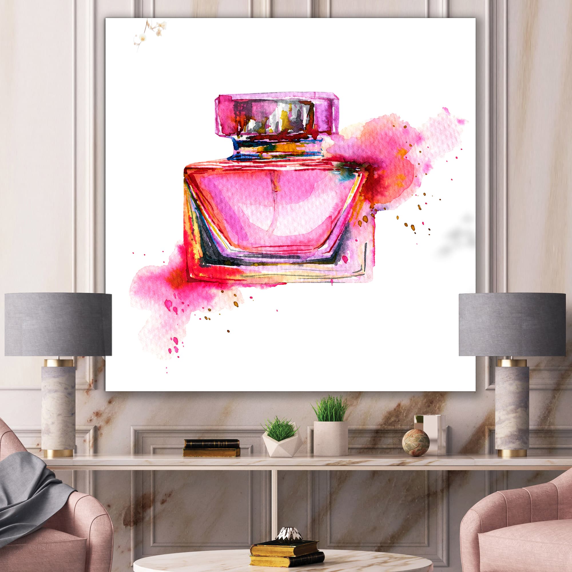 Designart - Bottle Of Perfume In Pink Watercolor - Modern Canvas Wall Art Print
