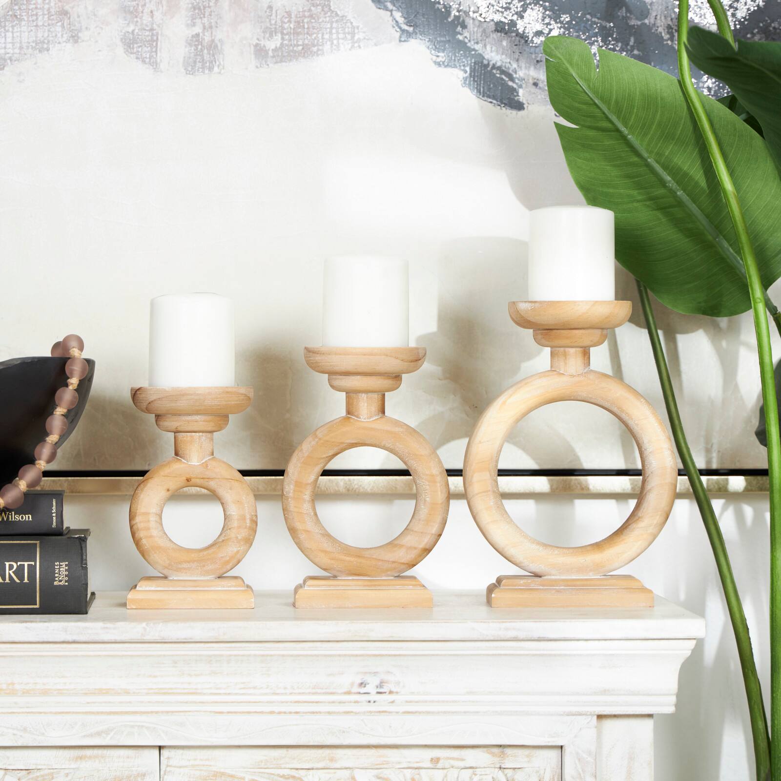 Brown Wood Circular Ring Candle Holder Set