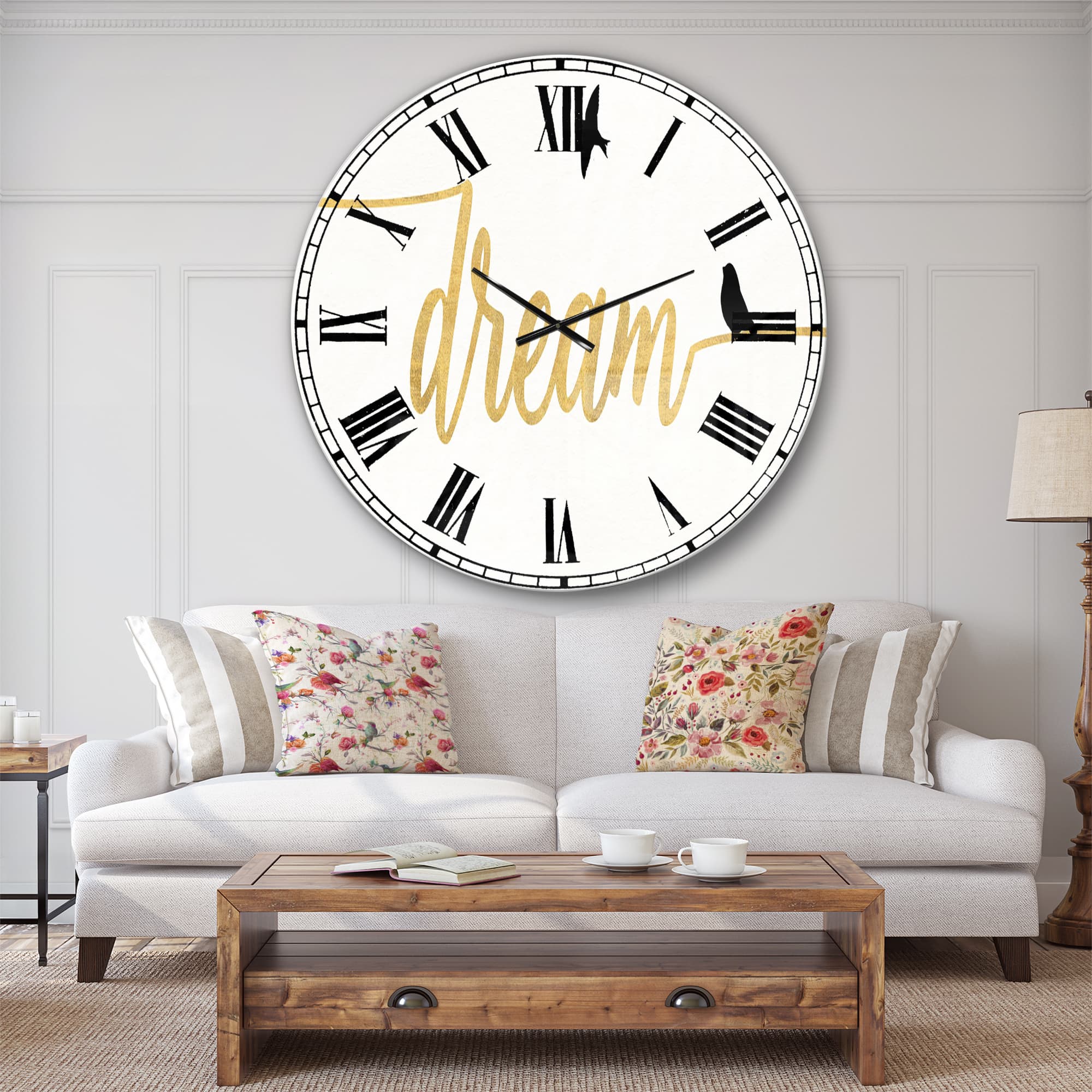 Designart 'Family Of Birds On Gold Words Ii Traditional Wall Clock
