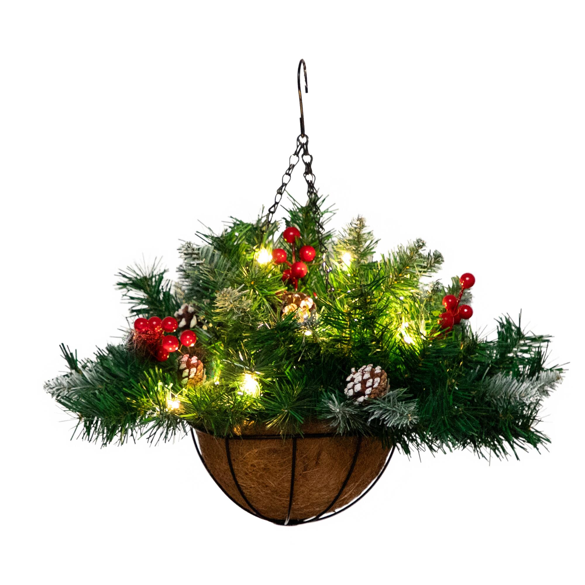 16" Artificial Pine & Berry Warm White LED Pre-Lit Hanging Basket