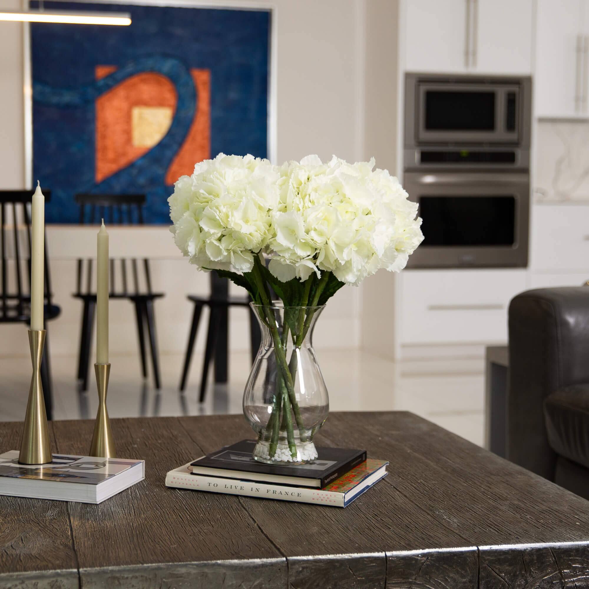 20" White Artificial Hydrangea Arrangement in Glass Vase