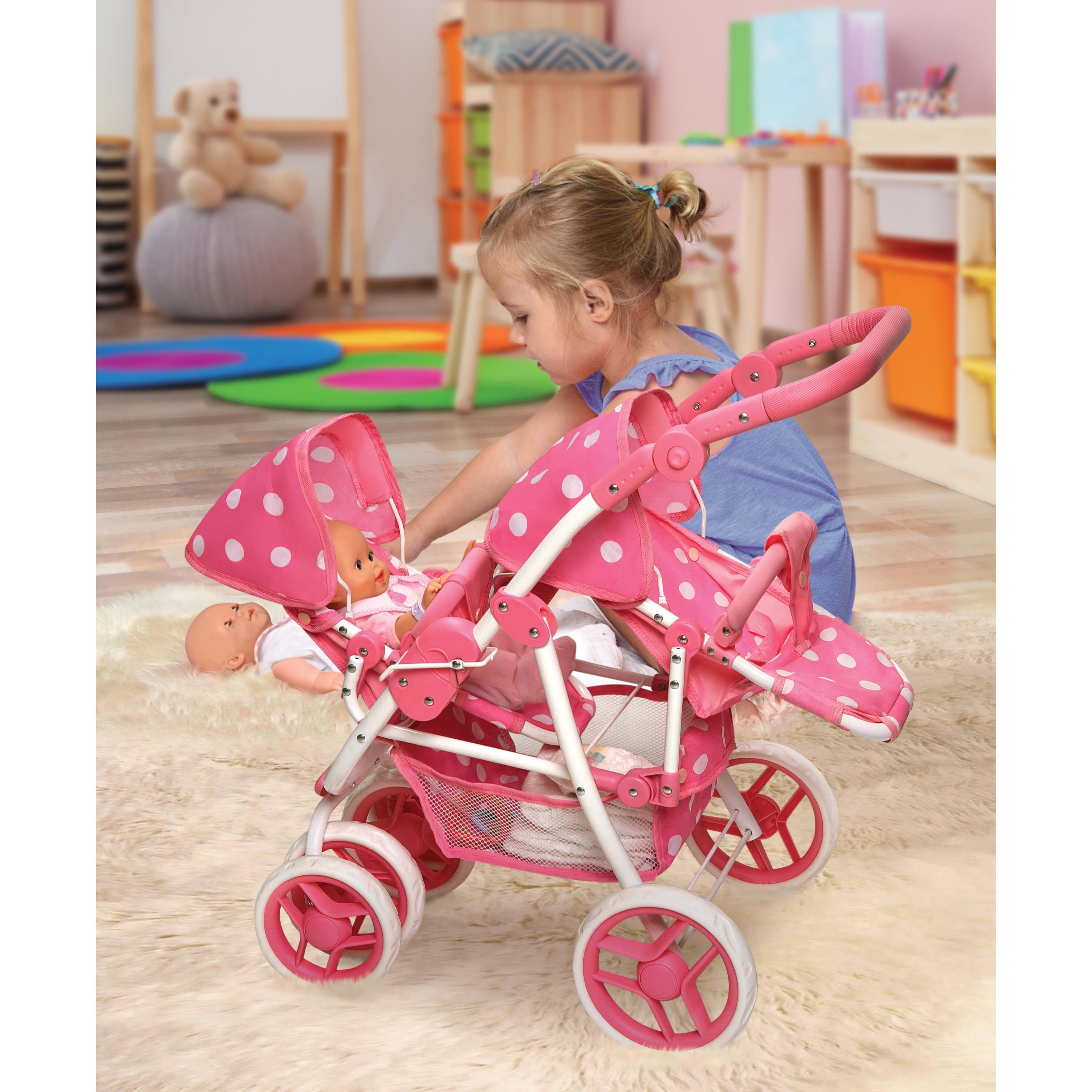 Badger Basket Pink Polka Dot Reversible Double Doll Stroller