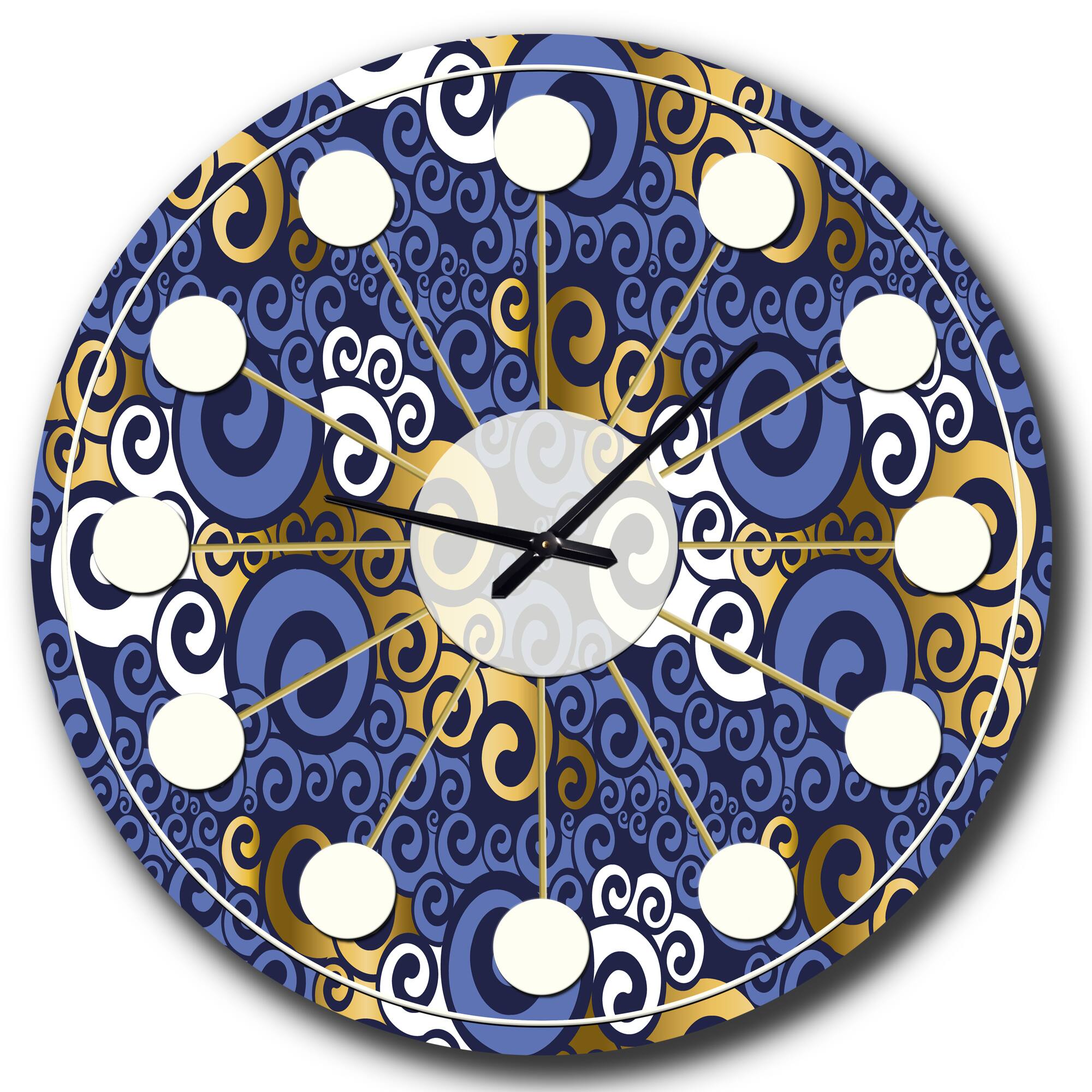 Designart 'Retro Luxury Waves In Gold And Blue Iii Mid-Century Modern Wall Clock