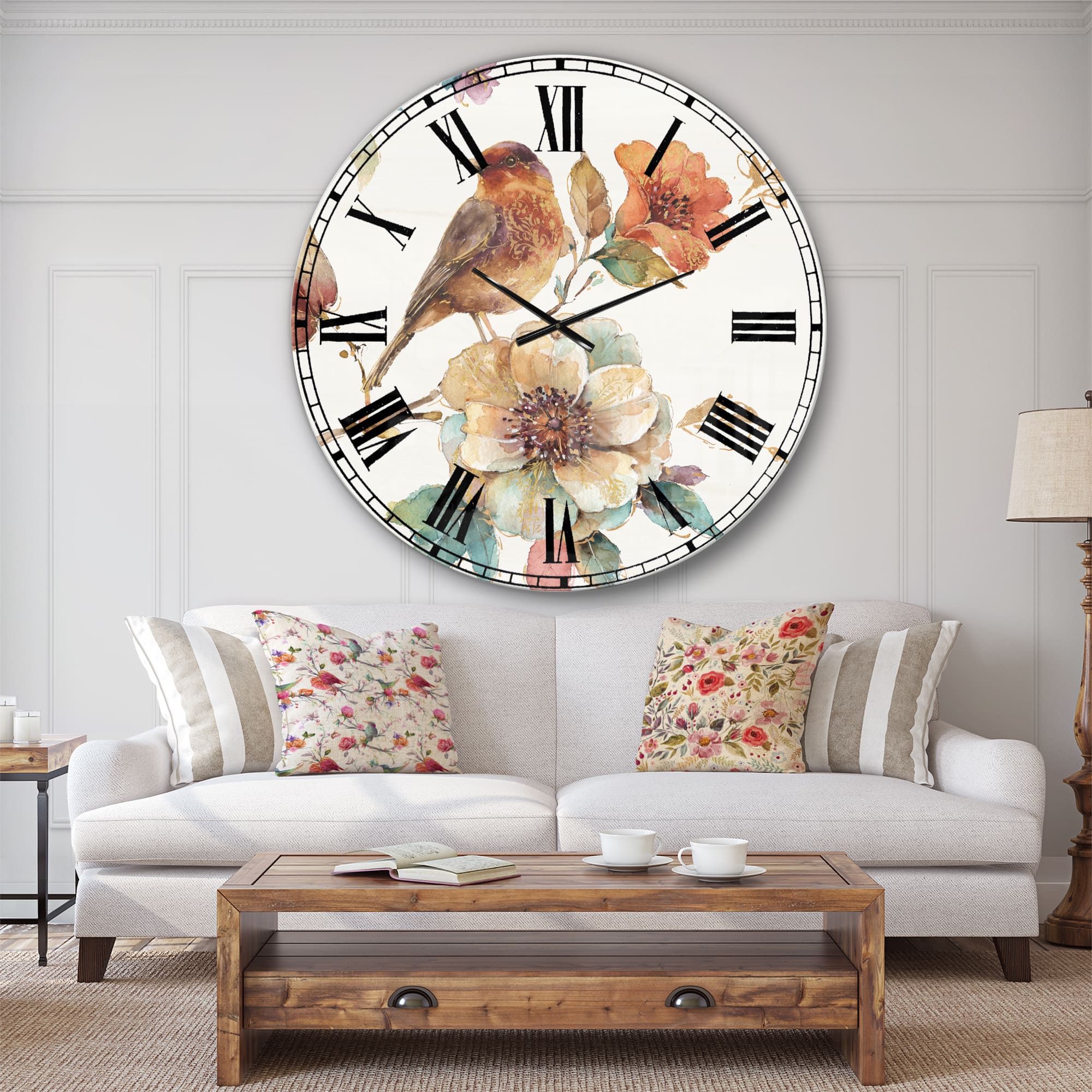 Designart &#x27;Farmhouse Bird On Flower Branch Farmhouse Wall Clock