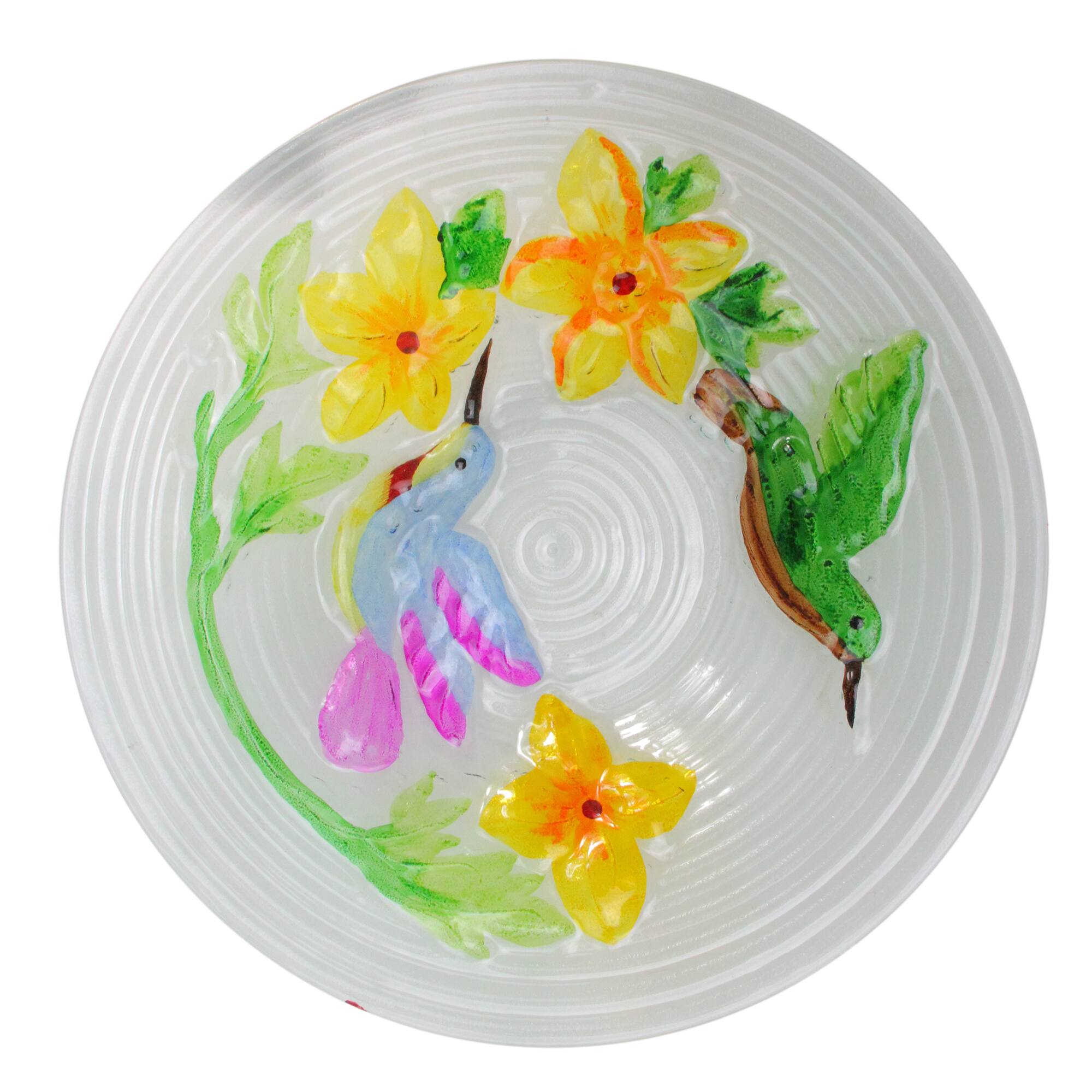 22.5" Hand Painted Glass Vibrant Hummingbird & Flowers Outdoor Garden Bird Bath