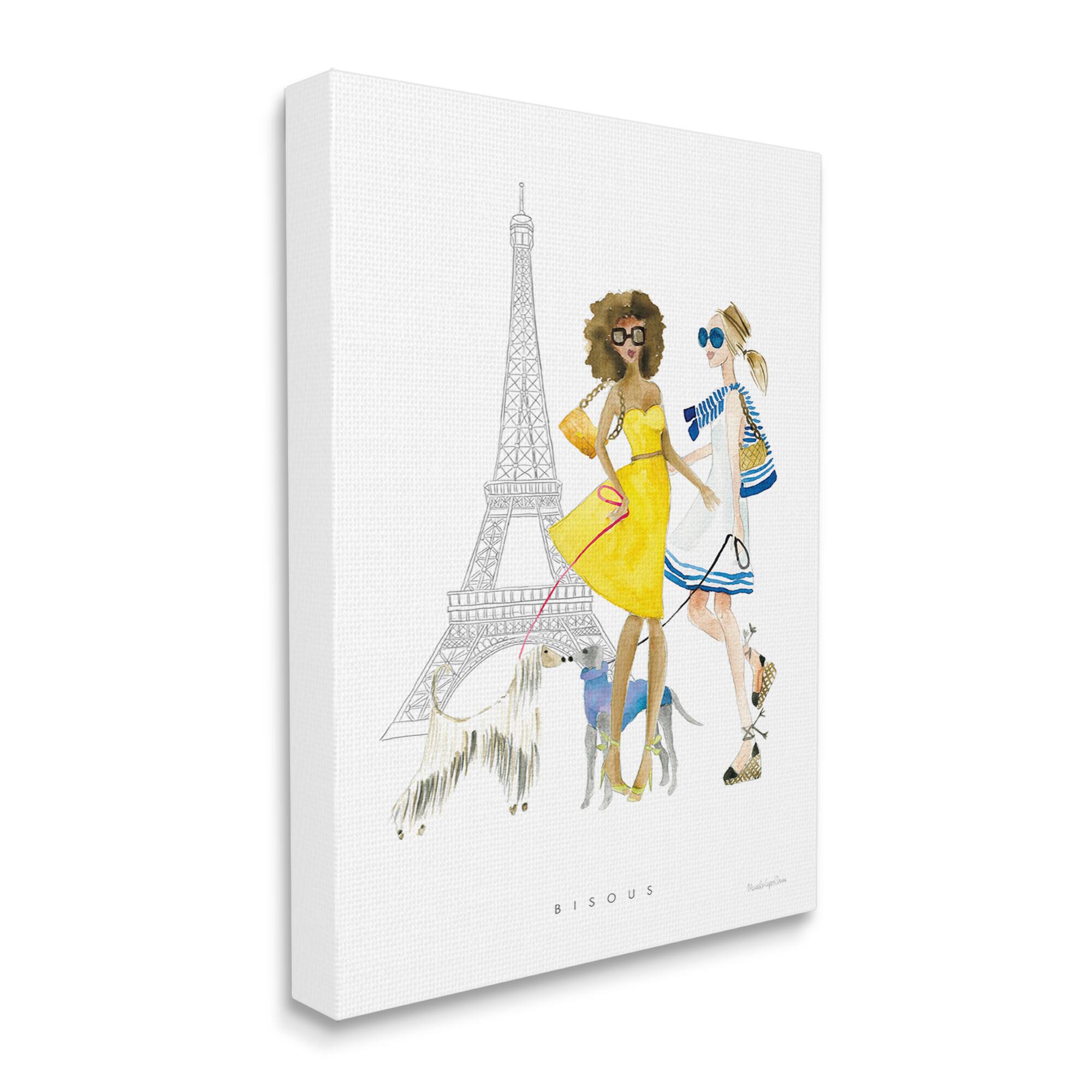 Stupell Industries Bisous Kisses Phrase Parisian Fashion Females and Dogs Canvas Wall Art
