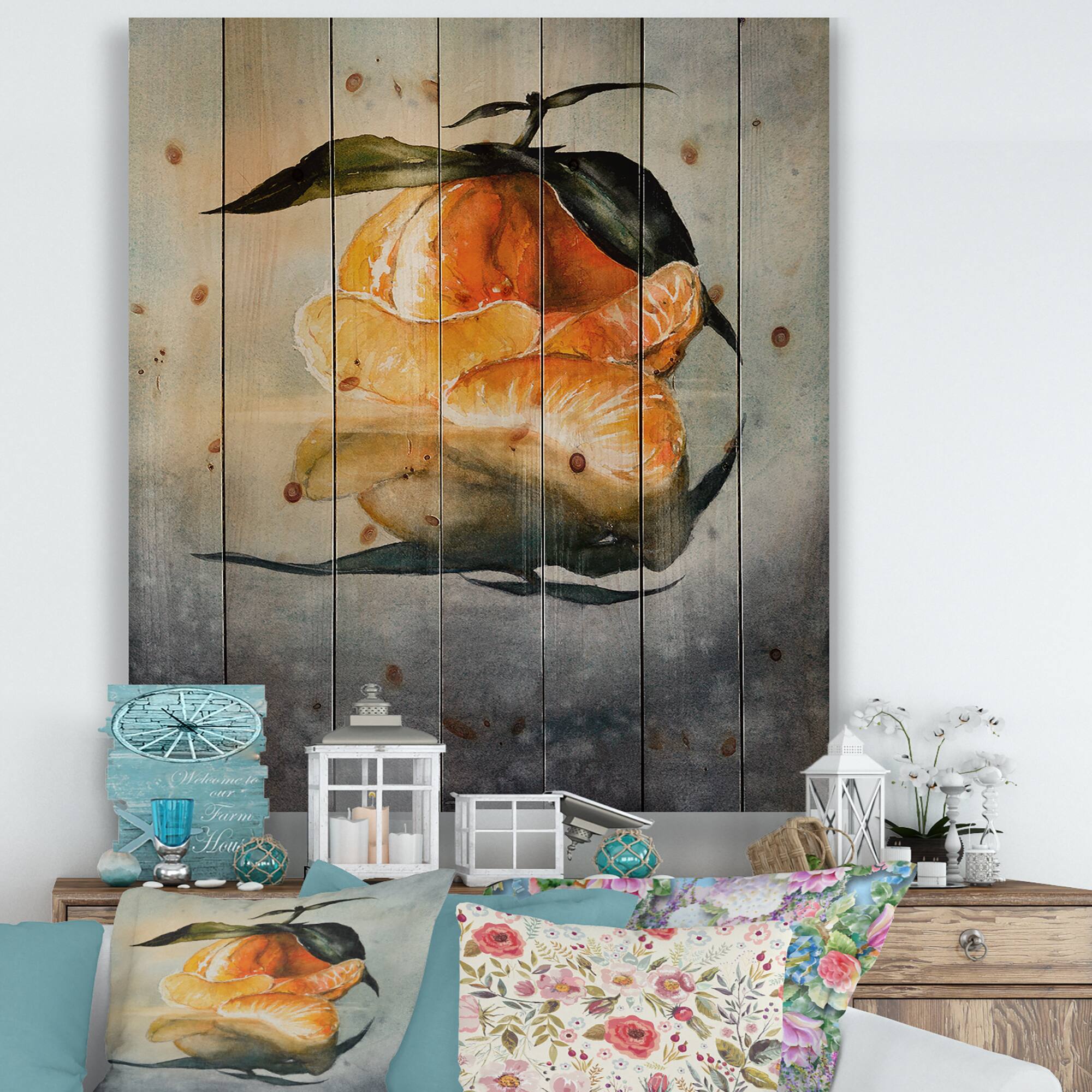 Designart - One Peeled Fresh Orange Mandarin With Green Leaves - Traditional Print on Natural Pine Wood