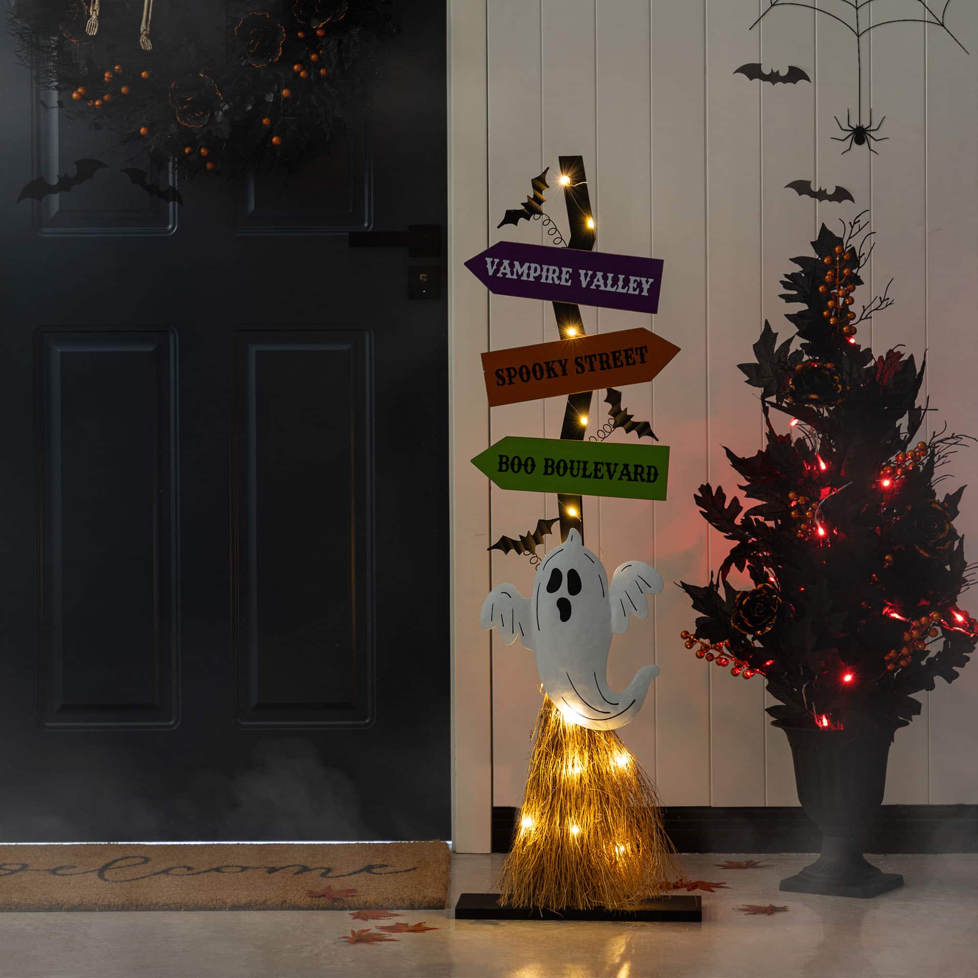 Glitzhome&#xAE; 41.75&#x22;H Lighted Halloween Wooden Ghost&#x27;s Broom Porch Decor