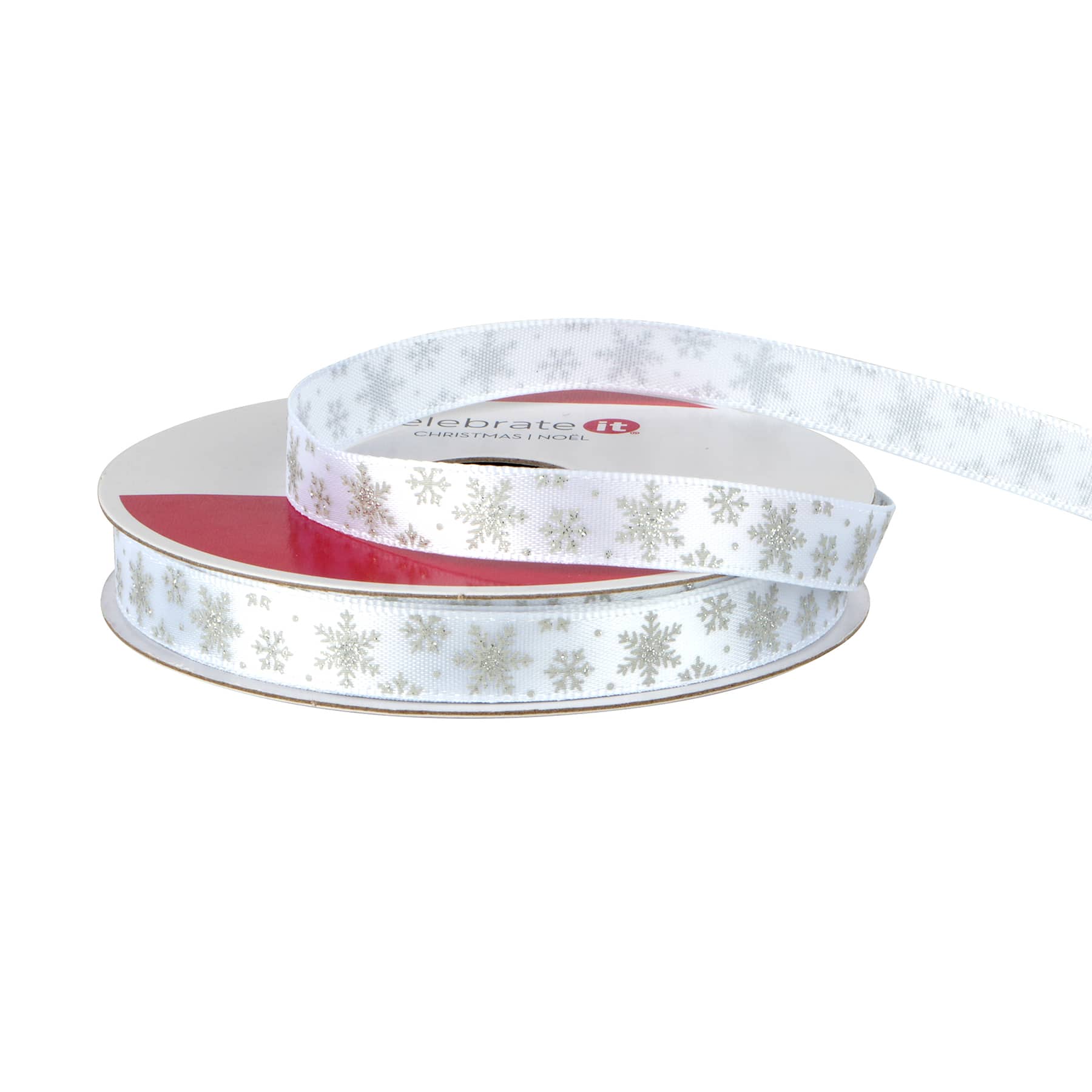 3/8&#x22; x 12ft. Silver Snowflake on White Ribbon by Celebrate It&#xAE; Christmas